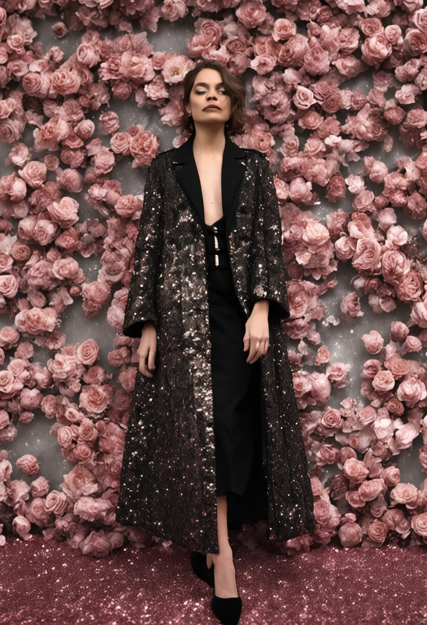 Black and brown combination,Classic floral vintage chanel coat,With gray sequined long dress,flowing shimmering fabrics,Inspired by the Chanel show