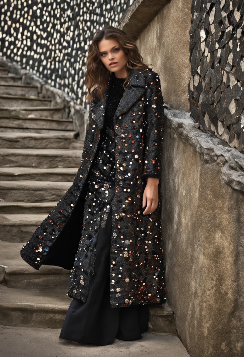 Black and brown combination，Classic floral vintage chanel coat，With gray sequined long dress，flowing shimmering fabrics，Inspired by the Chanel show