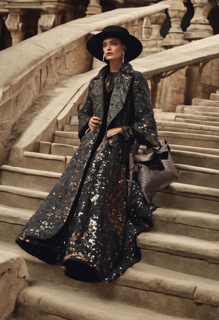 Black and brown combination,Classic floral vintage chanel coat,With gray sequined long dress,flowing shimmering fabrics,Inspired by the Chanel show