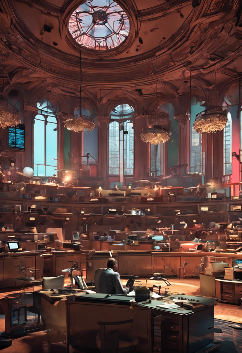 Four men、desks、in a panoramic view、discuss