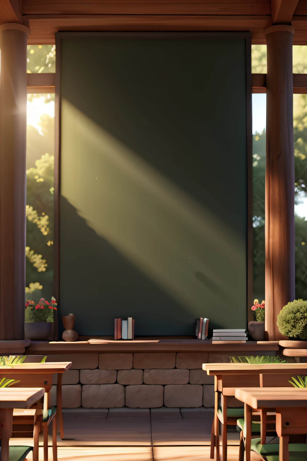 k hd，high high quality，detail-rich，In the open-air classroom，Surrounding plants，There is a clearing in the middle，There is a small blackboard，llight rays，