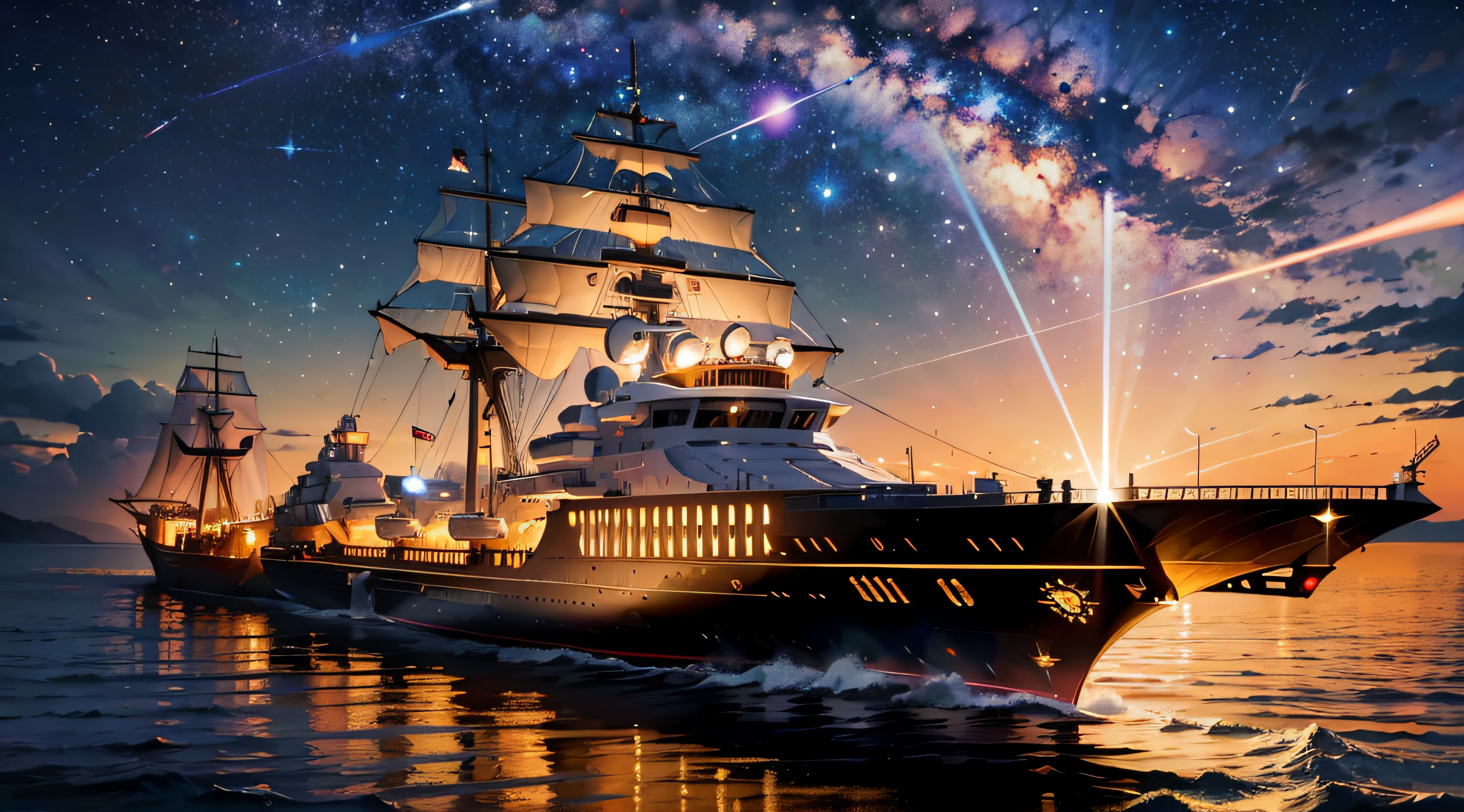best quality, masterpiece, (realistic:1.2), solar ship in the sunset, spaceship, laser gun, war, galaxy, glowing, in the night sky, full of stars, very detail, ultra-high resolution, ultra-high quality,