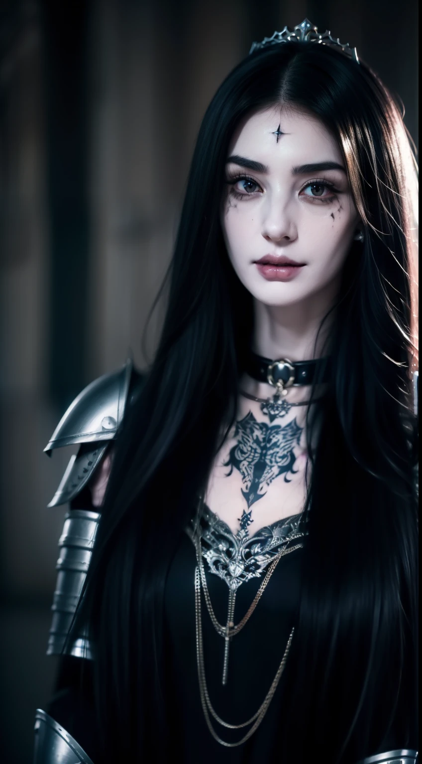 1girl (( (dark tattoos), ( beautiful_detailed_hair, long black hair), teen, (pale skin) )), horror theme, (slave collar), (foggy, darkness), realistic, (helmet), ((hand with five fingers:0.6)), (heavy armor), (battle, war), (blood and gore), (chess set, queen piece, king piece, knight piece)