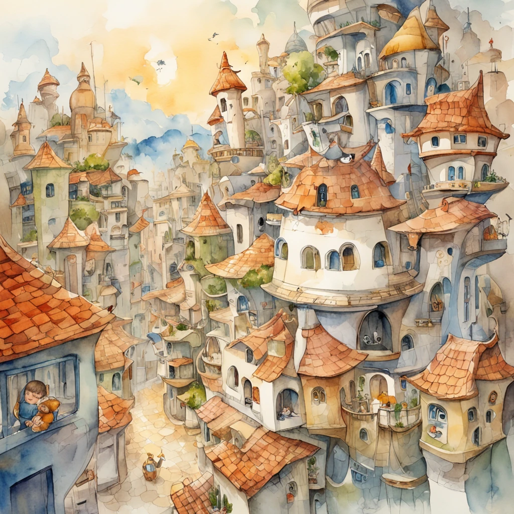 A baby raised in a cocoon in a metropolis-style futuristic city、Baby reaching out to the gentle cats who break their shells and watch them be born