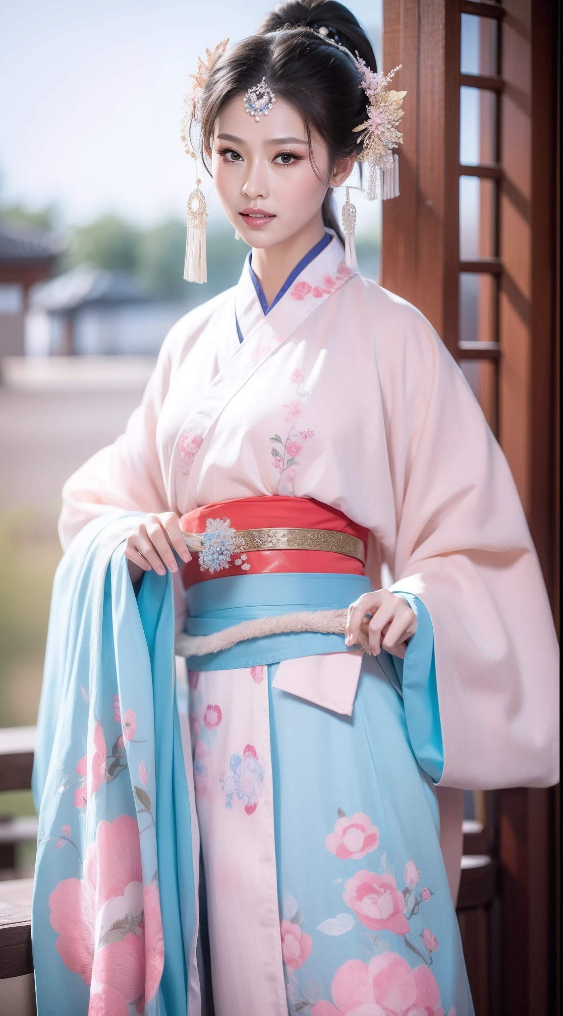 Ancient Chinese clothing，white apparel，The costume is a pink floral pattern，ancient china art style，Fashion model 18 years old [[[[closeup cleavage]]]], [[[[boobgasm]]]], [[[[coll]]]], [[[[bshoulders]]]], perfect  eyes, Perfect iris，Perfect lips，perfect teeth，Perfect skin，with fair skin，Soft front light，hdr，Movie girl，long whitr hair，The expression was melancholy，The background is outdoors，Light blue flowers，4K Ultra HD, 超高分辨率, (Photorealistic: 1.4), Best quality，Masterpiece，Utra dilution，（pastel colour：1.2）