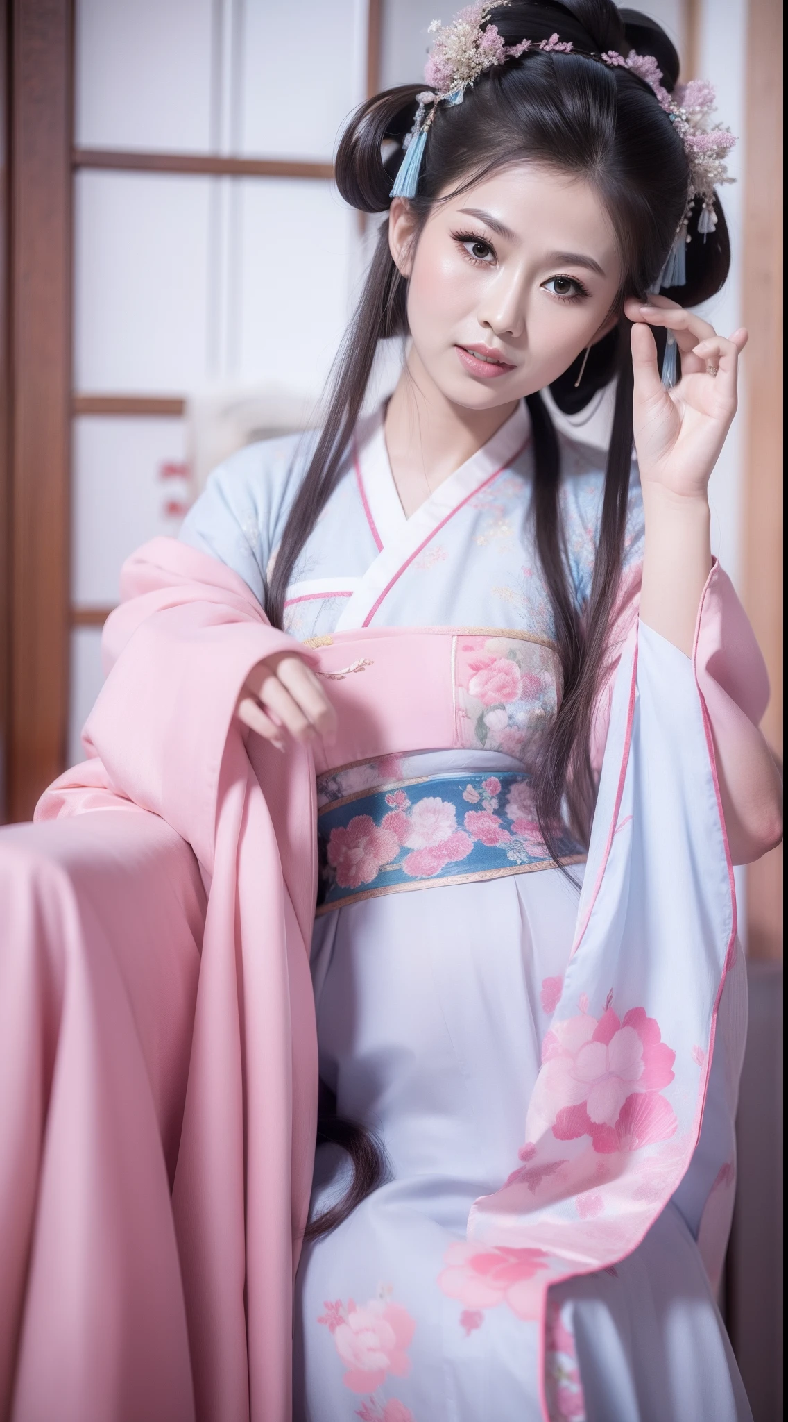 Ancient Chinese clothing，white apparel，The costume is a pink floral pattern，ancient china art style，Fashion model 18 years old [[[[closeup cleavage]]]], [[[[boobgasm]]]], [[[[coll]]]], [[[[bshoulders]]]], perfect  eyes, Perfect iris，Perfect lips，perfect teeth，Perfect skin，with fair skin，Soft front light，hdr，Movie girl，long whitr hair，The expression was melancholy，The background is outdoors，Light blue flowers，4K Ultra HD, 超高分辨率, (Photorealistic: 1.4), Best quality，Masterpiece，Utra dilution，（pastel colour：1.2）