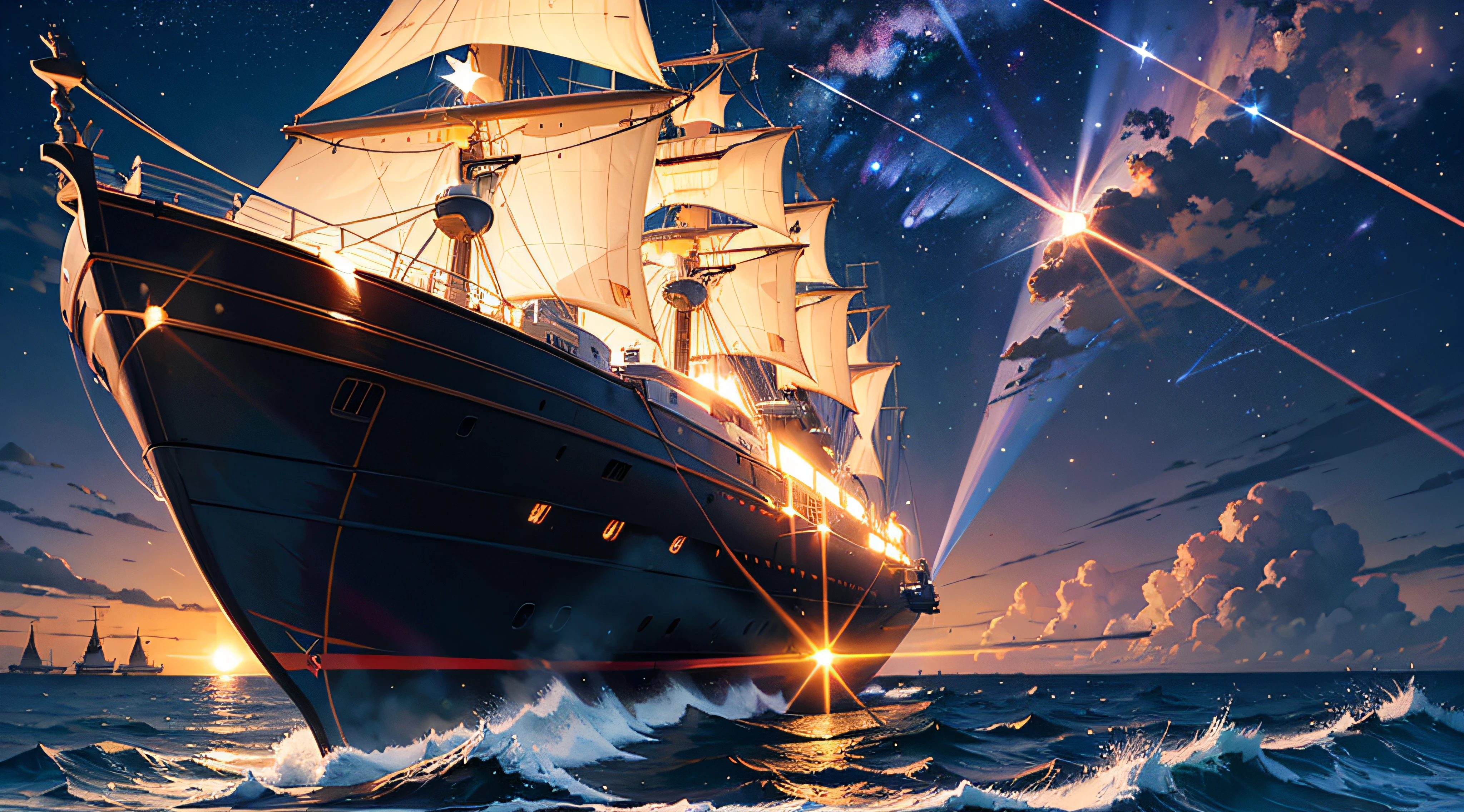best quality, masterpiece, (realistic:1.2), solar ship in the sunset, spaceship, laser gun, war, galaxy, glowing, in the night sky, full of stars, very detail, ultra-high resolution, ultra-high quality,