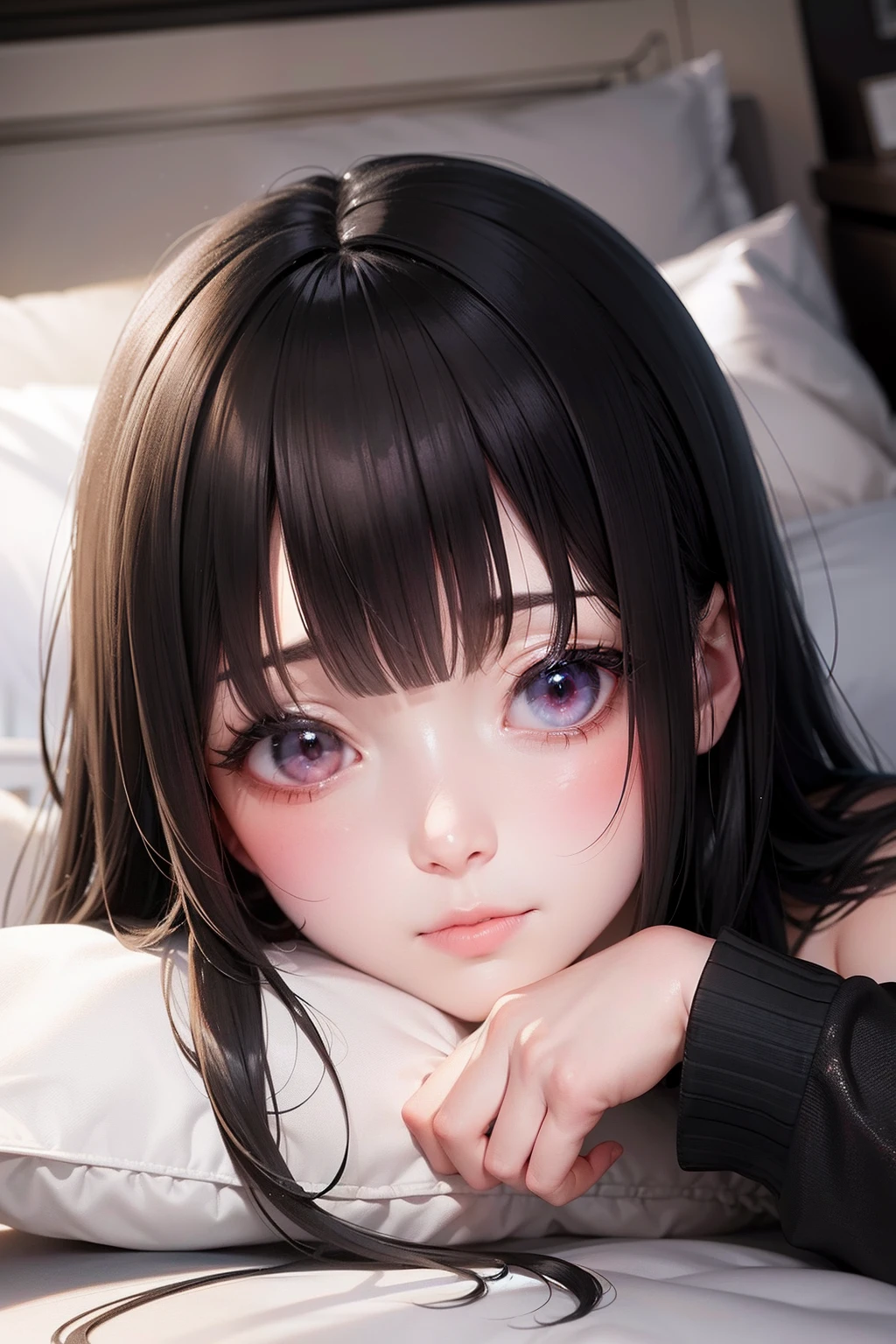 Photo Real、photoRealstic、独奏、full screen、full screen face　A dark-haired、Blunt bangs　drooing eyes、Black eyes、At the back of the throat、in mouth　Faces close、Face Close-up、Look here、Sleep on your side　PILLOWS