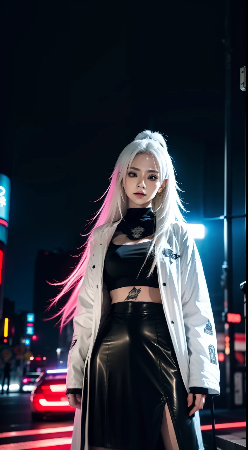 Anime-style photo of white-haired warrior in jacket standing in the middle of a neon-lit road, Holding a katana , Her katana glows in the dark. Masterpiece, 8K, HD, Anime style , Cyberpunk , She has tattoos all over her body, postapocalyptic, ultra - detailed, intricatedesign, hyper-high detail, Super resolution, ariel view, Combat posture, preparing to fight, Serious expression, Super detailed katana , Masterpiece , —chaos 45