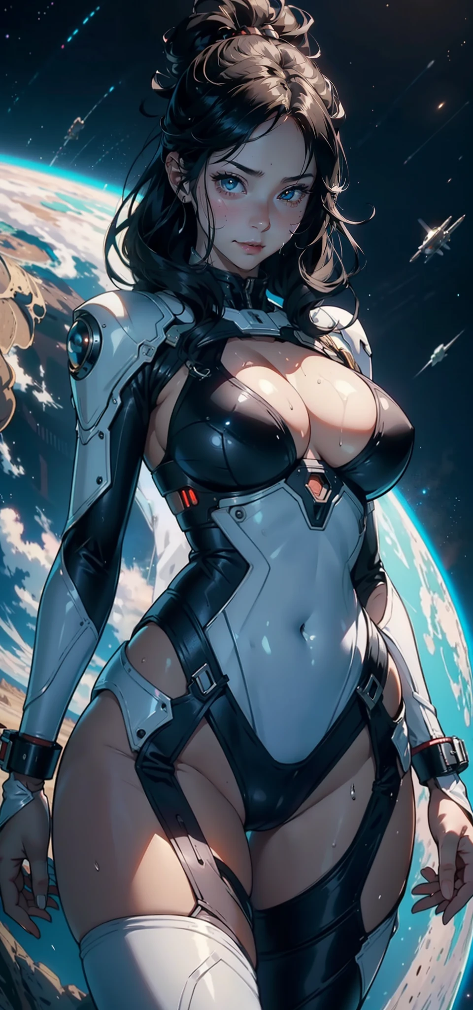 1female，35yo，A MILF，熟妇，huge tit，long leges，Big breasts Thin waist， 独奏，（Background with：A desert，space ship，） She has long black hair，Stand on a spaceship，Sweat profusely，drenched all over the body，seen from the front， hair straight， mostly cloudy sky，（（（tmasterpiece），（Very detailed CG unity 8K wallpaper），best qualtiy，cinmatic lighting，detailed back ground，beatiful detailed eyes，Bright pupils，Black eyes，（Very fine and beautiful），（Beautiful and detailed eye description），ultra - detailed，tmasterpiece，）），facing at camera，A high resolution，ultra - detailed），revealing breasts，Bare genitalia，  Bulge，legs are open，Raised sexy，Camel toes，Flushed complexion，Smile，Desire for dissatisfaction，frontage，The astronaut，（Wearing：Sex spacesuit，Armour，）
