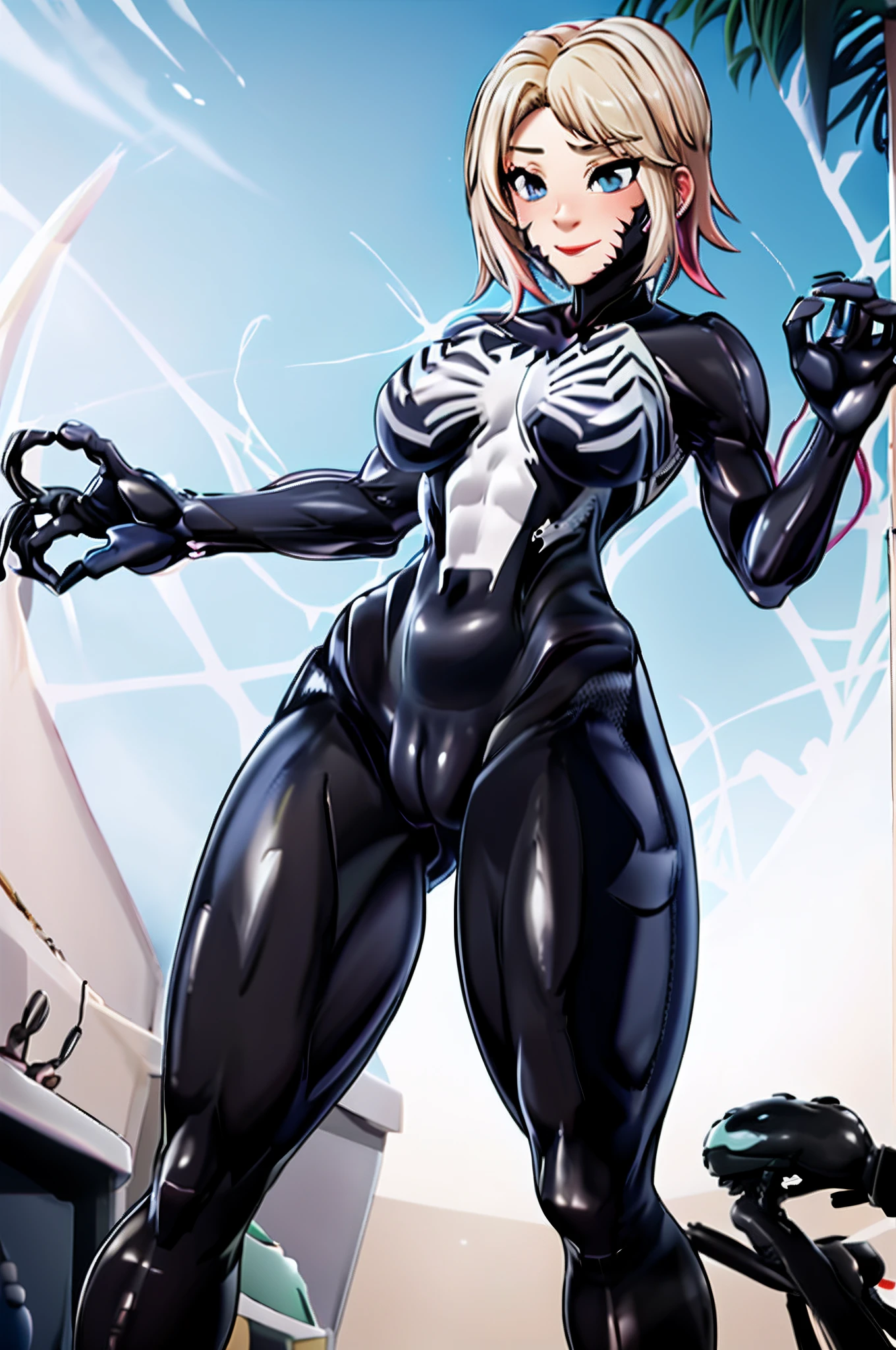 tmasterpiece,best qualityer,A high resolution,There was only 1 person(femele),SH1,SpiderGwen,blond with short hair,mitts,full-body tights(black),There is only one mode(There is a white one on the chest&Large spider pattern),putting makeup on,standing on your feet,cow boy shot,(Tear clothes:1.2),(camel-toe, Vulvar shape:1.2),(Body parts, no extra limbs, precisely anatomy)