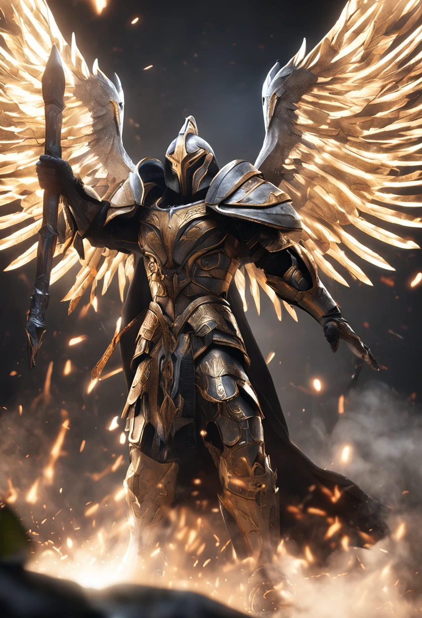 Humano, masculino, Armadura de poder, Armadura medieval, Aura de poder, Tecno Armadura, Mechanical angel wings, colores plata y rojo, astronauta, Red Core, Casco dorado, Guante de poder, Volar en el espacio , comiс style, realista, heroico