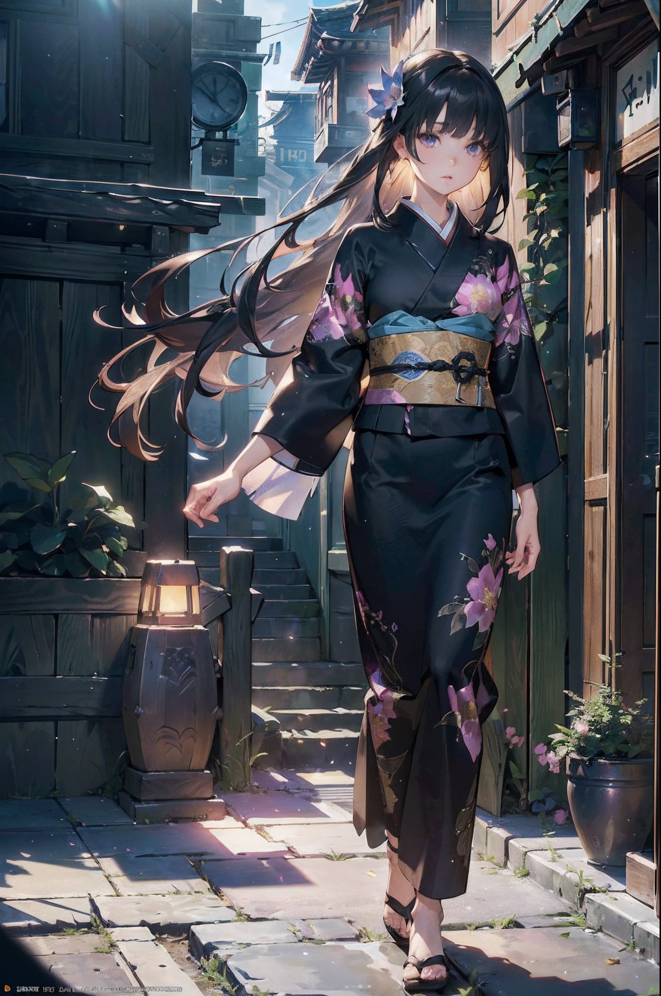 (Official art、Best Quality、Unity 8k Wallpapers、32K、masterpiece、ultra-detailliert、超A high resolution、realisitic、Photorealsitic:1.2)、(Cinematic lighting:1.2)、Fireglow effect、film grains、Best Shadows、Rim lighting、side lights、sideshot、(Ultra-detailed and complex 3D rendering)、Detailed beautiful face and eyes、A slender、Medium bust、(Full body:1.2)、 Highly detailed background、beauitful face、blurry backround、a beauty girl、(super detailed skin、detailed skin textures:1.3)、Beautiful black hair、long、Floral kimono、A lot of bellflower grows、20Old beauty、Mystical、