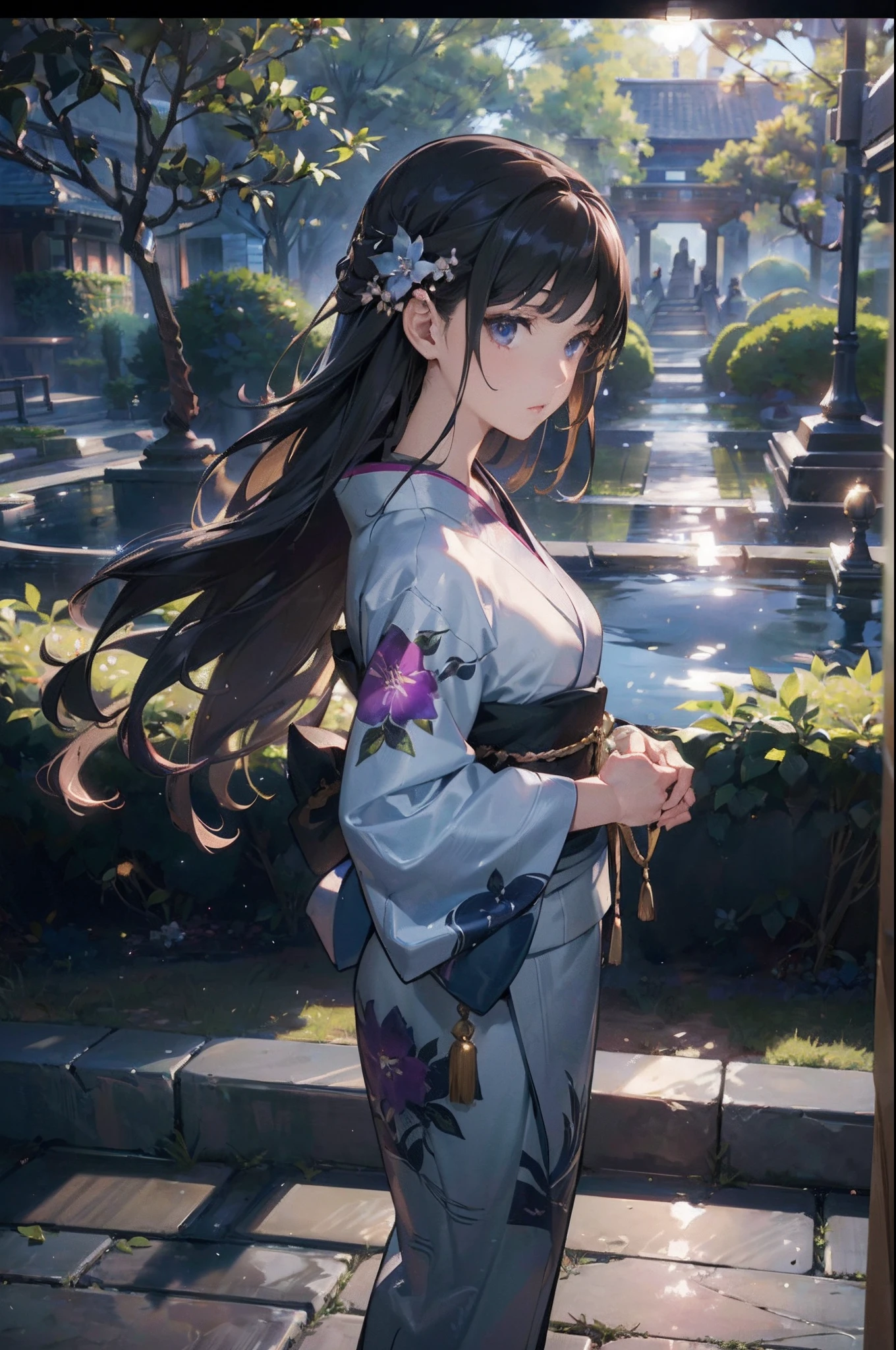 (Official art、Best Quality、Unity 8k Wallpapers、32K、​masterpiece、ultra-detailliert、超A high resolution、realisitic、Photorealsitic:1.2)、(Cinematic lighting:1.2)、Fireglow effect、film grains、Best Shadows、Rim lighting、side lights、sideshot、(Ultra-detailed and complex 3D rendering)、Detailed beautiful face and eyes、A slender、Medium bust、(Full body:1.2)、 Highly detailed background、beauitful face、blurry backround、a beauty girl、(super detailed skin、detailed skin textures:1.3)、Beautiful black hair、long、Floral kimono、A lot of bellflower grows、２０Old beauty、Mystical、