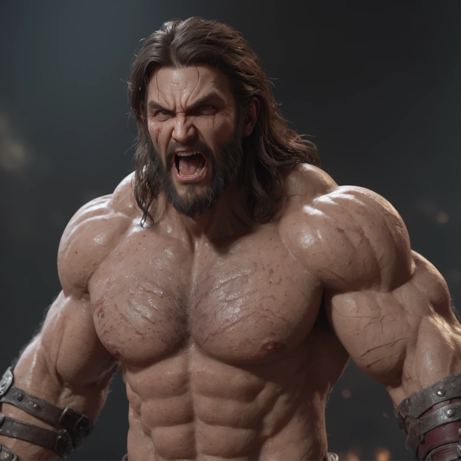 (professional 3d render:1.3) af (Realistic:1.3) most beautiful artwork photo in the world，Features soft and shiny male heroes, ((Epic hero fantasy muscle man rough wet hero angry look long hair short beard and ferocious expression in dynamic pose, Fantastic location, Majestic cluttered environment)), full body 8k unity render, action  shot, skin pore, very dark lighting, heavyshading, Detailed, Detailed face, (vibrant, photograph realistic, Realistic, Dramatic, Dark, Sharp focus, 8K), (Old leather garments damaged by weathering:1.4), ((((Wear fur)))), (Intricate:1.4), decadent, (Highly detailed:1.4), Digital painting, rendering by octane, art  stations, concept-art, smooth, Sharp focus, illustration, Art germ, (loish:0.23), wlop ilya kuvshinov, and greg rutkowski and alphonse mucha gracias, (Global illumination, Studio light, volumettic light), heavy rain, particles floating, lotr, fantasy, elf, full bodyesbian, ((Dark and ancient city background:1.3)),CGSesociety,art  stations