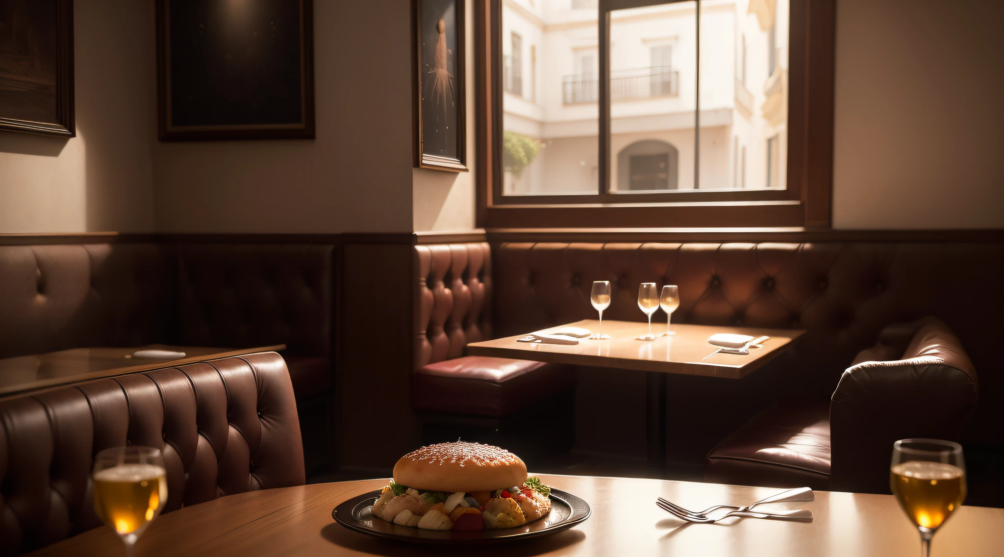 Absurdo, high resolution, super detalhado, depicting a restaurant with no one, (((mesas vazias com comidas e bebidas ainda servidas ))), soft lighting, intimate moments, and feelings of sadness and misery, Create stunning images of a tabletop dining room with the meal still set with long exposures that capture the beauty and movement of the celestial bodies. (((restaurante))), caracterizado por tabelas vazias, and a non-vibrant atmosphere. capturando o apelo original da arte primitiva, ousado, formas simplificadas, cores intensas, emphasizing raw emotions and instincts.