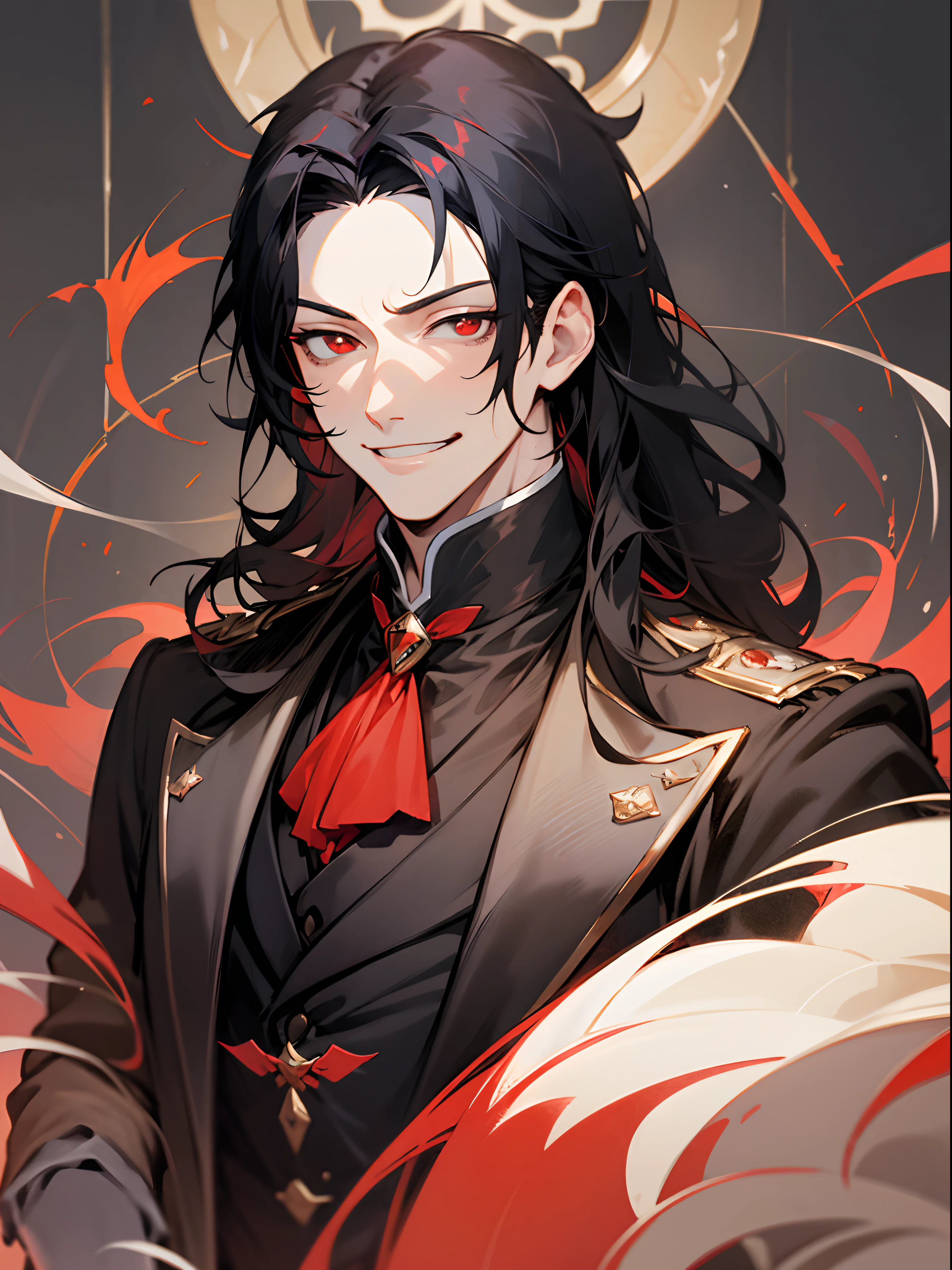 tmasterpiece, beste-Qualit, 1boy, aristocrat, portraite of a, upper-body, tailcoat, hairlong, black hair, smirk, red pupils, bloods, insane