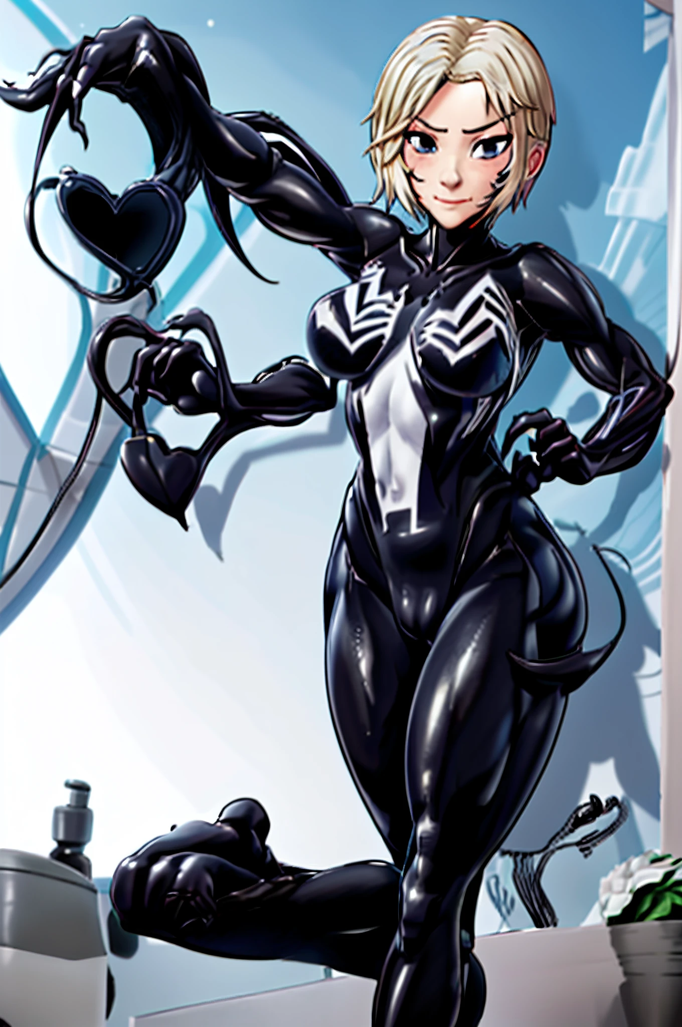 tmasterpiece，best qualityer，A high resolution，1人(femele),SH1,SpiderGwen，blond with short hair，mitts，full-body tights(black)，There is only one mode(There is a white one on the chest&Large spider pattern)，putting makeup on，standing on your feet，cow boy shot，（Tear clothes：1.2），(camel-toe， Vulvar shape：1.2）,(Body parts, no extra limbs, precisely anatomy)