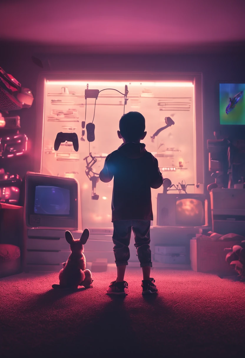 create an illustration or photograph of a boy in a dark room with a video game controller in his hands, the room is dark