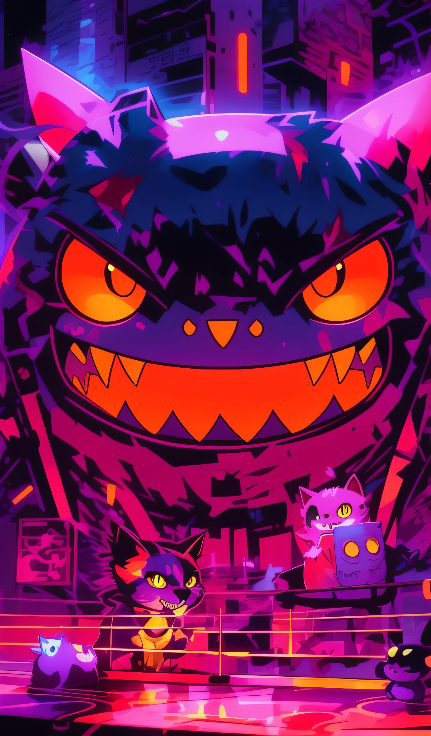 Close-up of a cartoon cat with glowing eyes, gengar, Vibrant fan art, profile picture 1024px, Official artwork, synthwave art style ]!!, rossdraws cartoon vibrant, evil smile and glowing eyes, cheshire cat, [ synthwave art style ]!! ]!!, epic art style, [ synthwave art style ]!!Purple Geng Ghost