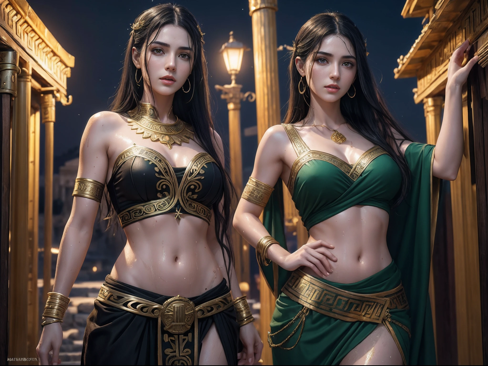 (A beautiful 25 years old female Greek maiden:1.2), (wet long black hair:0.9), (pale skin), (detailed oily and sweaty skin:1.2), (serious face), (wearing green colored revealing Greek maiden outfit with golden ornate), (waist up shot:1.2), (temple at night background:1.1), (waist-up shot:0.8), view from front, (dynamic pose:0.8), (chiaroscuro lighting:0.8), photo realism, intricate face detail, intricate hand details, highly detailed, vibrant colors, cinematic, 8k, trending on Artstation--style raw