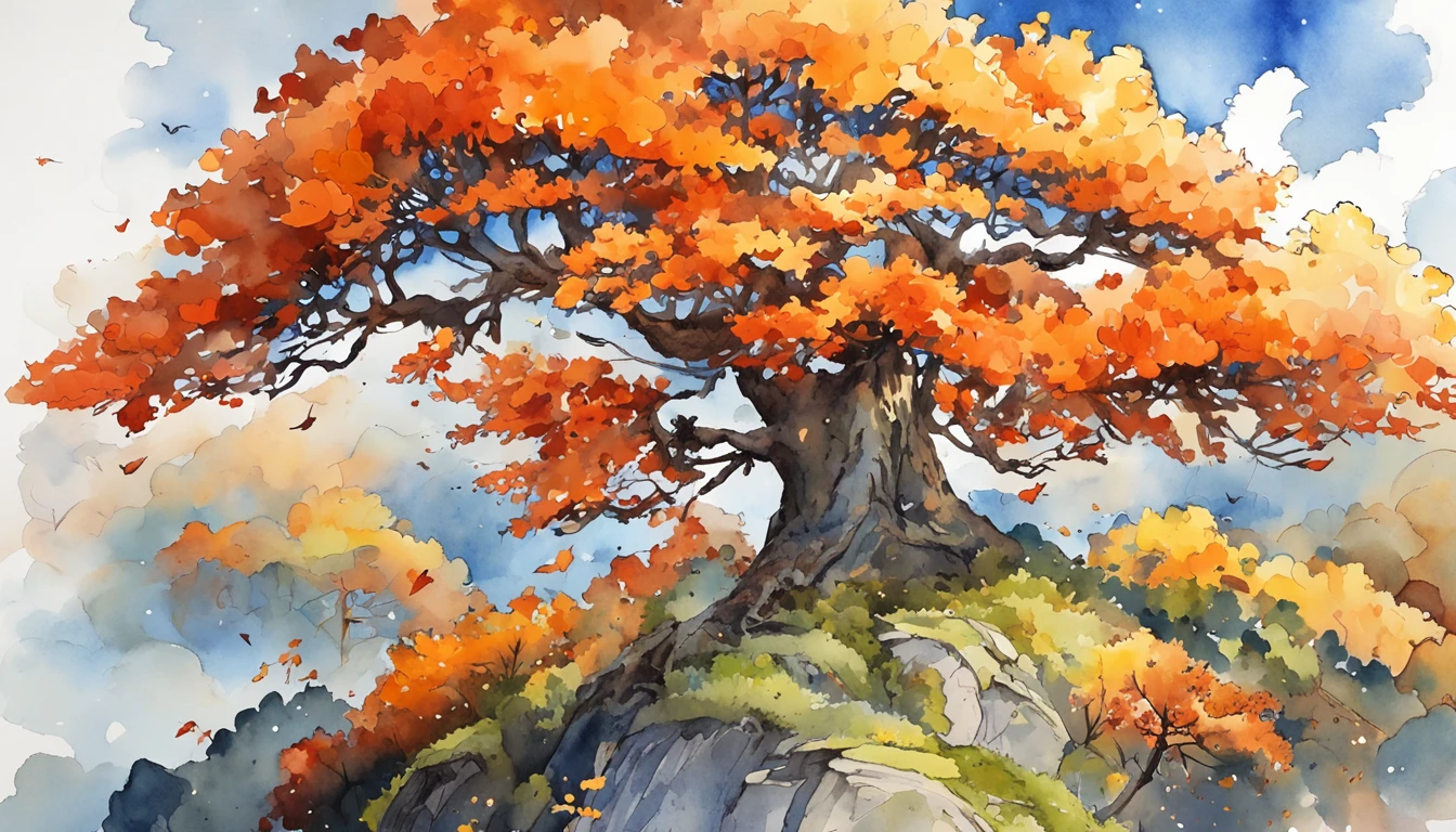 Intricate painting details of Japanese forests, by range murata, galaxy in background, Clouds, vivd colour, High contrast, Mountain, vector line art, orange highlights, trending in pixiv, anime concept art, Stick, Mattire, high high quality, Edge to edge, Sanskrit