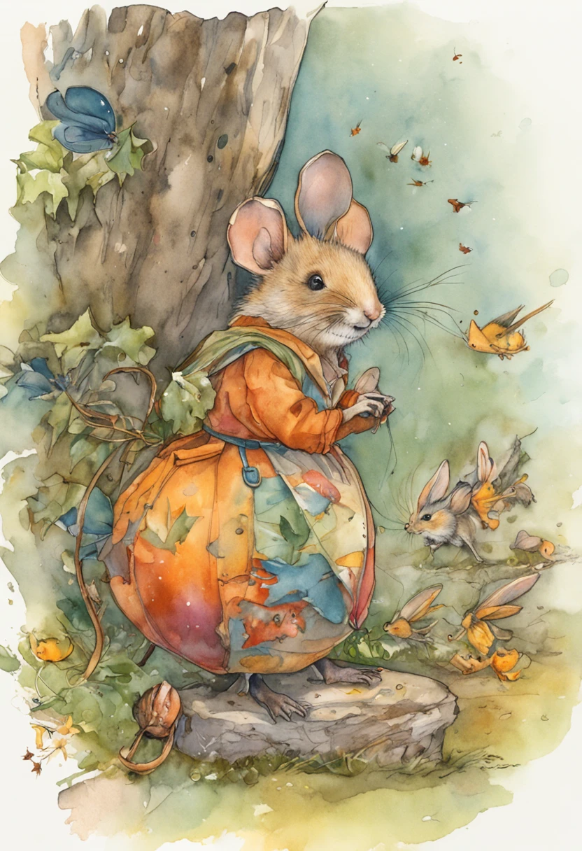 comiс style, painted in vivid watercolor, Bipedal mouse, ropa linda, ojos verdes, naranja, azul. amarillo, extremadamente detallado, Altamente detallado, obra maestra, Fondo de cuento de hadas, wonderland, Dynamic colors, Luz de cuento de hadas, por beatrix potter y Jean-Baptiste Monge, 32K UHD