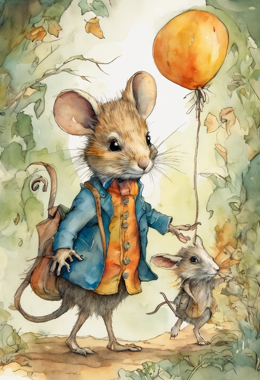 comiс style, painted in vivid watercolor, Bipedal mouse, ropa linda, ojos verdes, naranja, azul. amarillo, extremadamente detallado, Altamente detallado, obra maestra, Fondo de cuento de hadas, wonderland, Dynamic colors, Luz de cuento de hadas, por beatrix potter y Jean-Baptiste Monge, 32K UHD