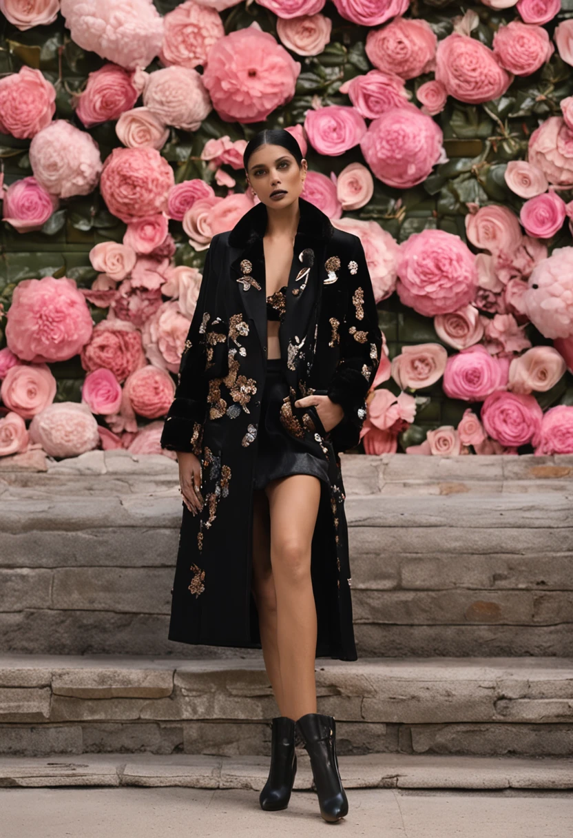 Black and brown combination,Classic floral vintage chanel super short coat,Pair it with a beige top and a maxi pink beige sequin dress,flowing shimmering fabrics,Inspired by the Chanel show