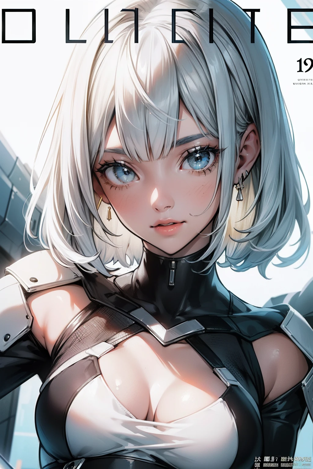 (masuter piece,Best Quality,Ultra-detailed), (A detailed face), Movie Posters, hight resolution, 1girl in, (lucy), (cyberpunked), white  hair, (White hair with bangs), (bob cuts), Two-tone hair, Gold Eye, white  clothes, (Beautiful Detail Eye: 1.1), (Detailed hand), (Detail light: 1.1), Film Light, light skinned,  (looking at the viewers), (magazine:1.3), (cover-style:1.3), Fashionable,
