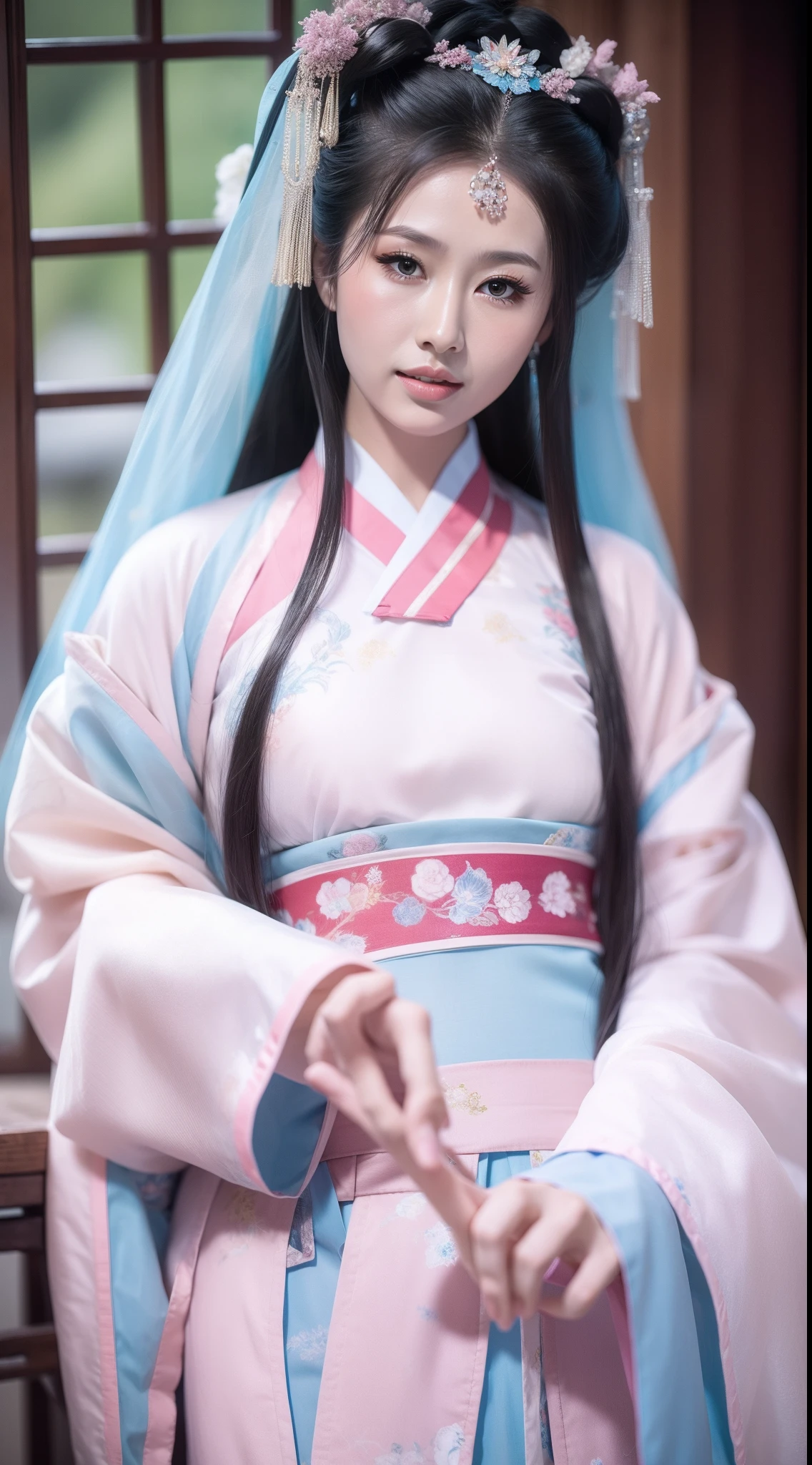Ancient Chinese clothing，white apparel，The costume is a pink floral pattern，ancient china art style，Fashion model 18 years old [[[[closeup cleavage]]]], [[[[boobgasm]]]], [[[[coll]]]], [[[[bshoulders]]]], perfect  eyes, Perfect iris，Perfect lips，perfect teeth，Perfect skin，with fair skin，Soft front light，hdr，Movie girl，long whitr hair，The expression was melancholy，The background is outdoors，Light blue flowers，4K Ultra HD, 超高分辨率, (Photorealistic: 1.4), Best quality，Masterpiece，Utra dilution，（pastel colour：1.2）
