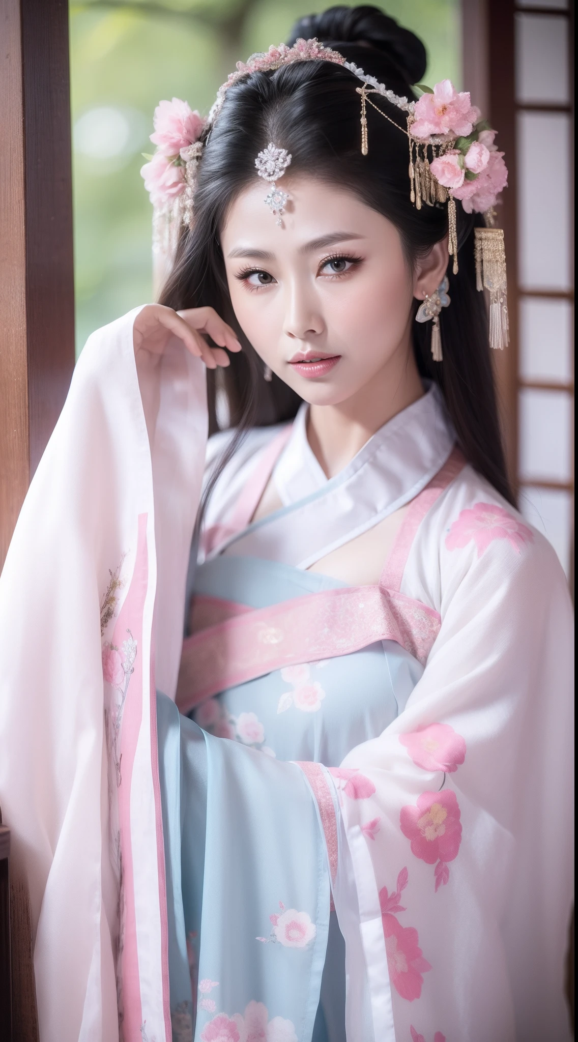 Ancient Chinese clothing，white apparel，The costume is a pink floral pattern，ancient china art style，Fashion model 18 years old [[[[closeup cleavage]]]], [[[[boobgasm]]]], [[[[coll]]]], [[[[bshoulders]]]], perfect  eyes, Perfect iris，Perfect lips，perfect teeth，Perfect skin，with fair skin，Soft front light，hdr，Movie girl，long whitr hair，The expression was melancholy，The background is outdoors，Light blue flowers，4K Ultra HD, 超高分辨率, (Photorealistic: 1.4), Best quality，Masterpiece，Utra dilution，（pastel colour：1.2）