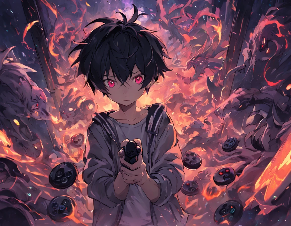 create an illustration or photograph of a boy in a dark room with a video game controller in his hands, the room is dark create various monsters around the room