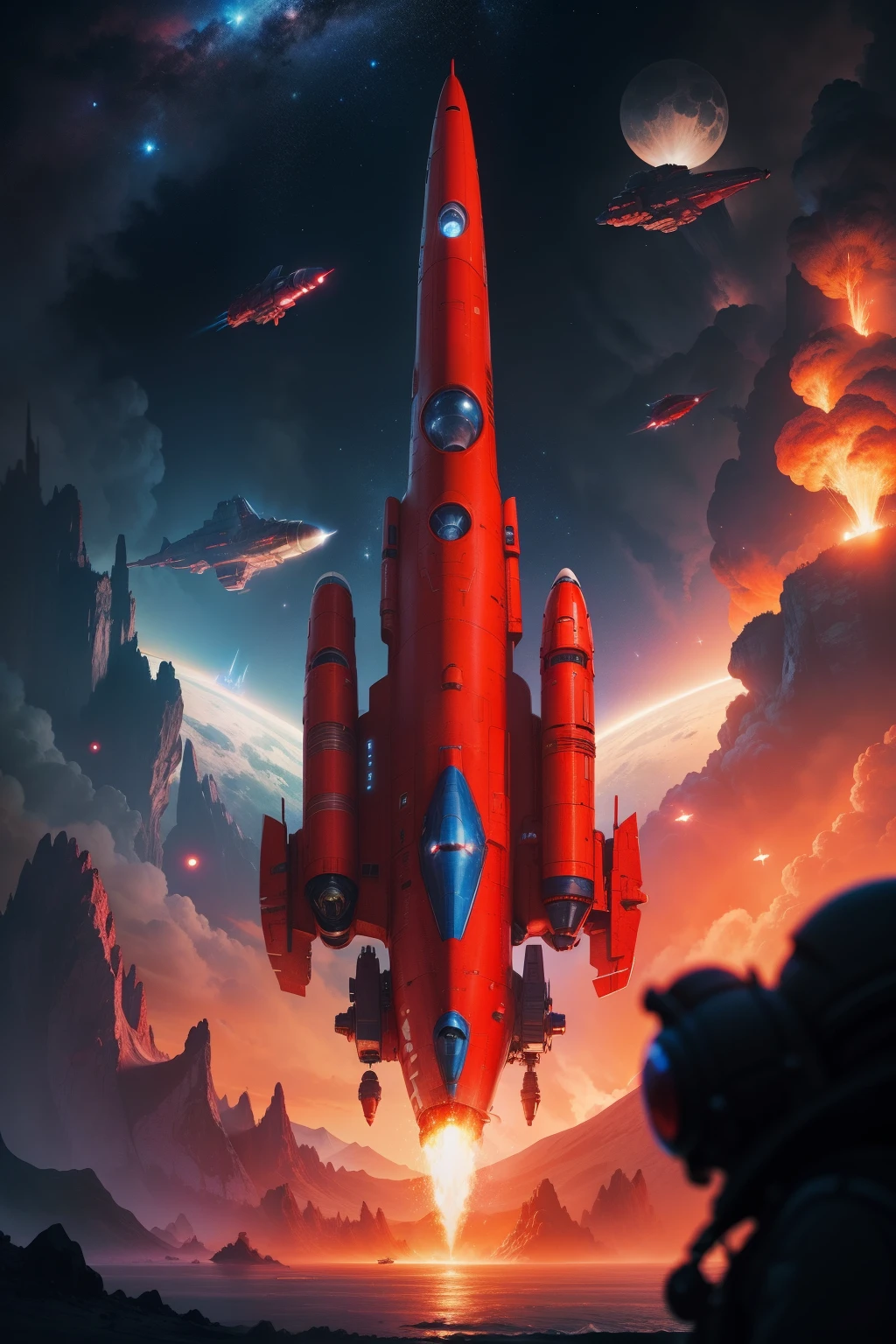 Red rocket ship,Blue fire emerges, Fantasy spaceship, legendary space ship, space ship, Spaceship, spaceship design, space ship gribble, small starship near, Flying spaceship, alien spaceship, spaceship in background, spaceship in background, duck shaped spaceship, spaceship flies in the distance, shmup, Scary spaceship,background is white