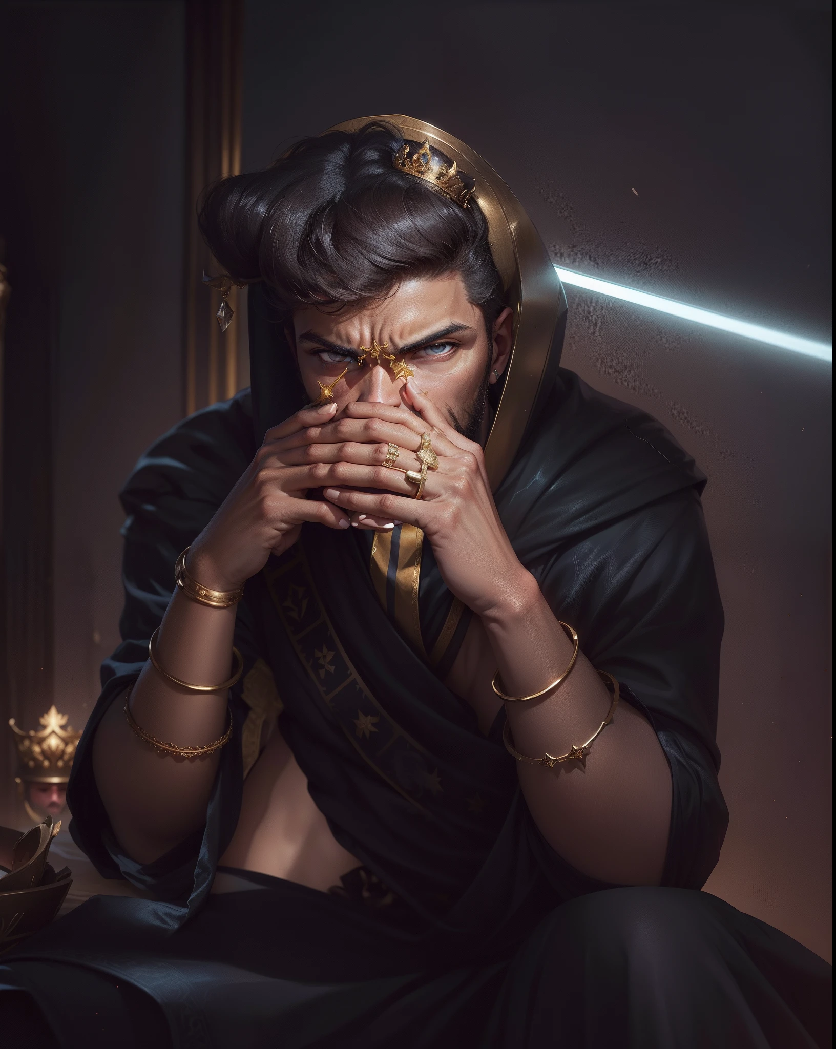 a close up of a person wearing a crown on a cell phone, imperious, imperious size, malicious, incredulous, ominious, meticulous, onimous, maximus jacobs, omnious background, in a crown, marquis cut, omnious, dr zeus, magnum opus, marvelous, genius, serious composure, lustrous