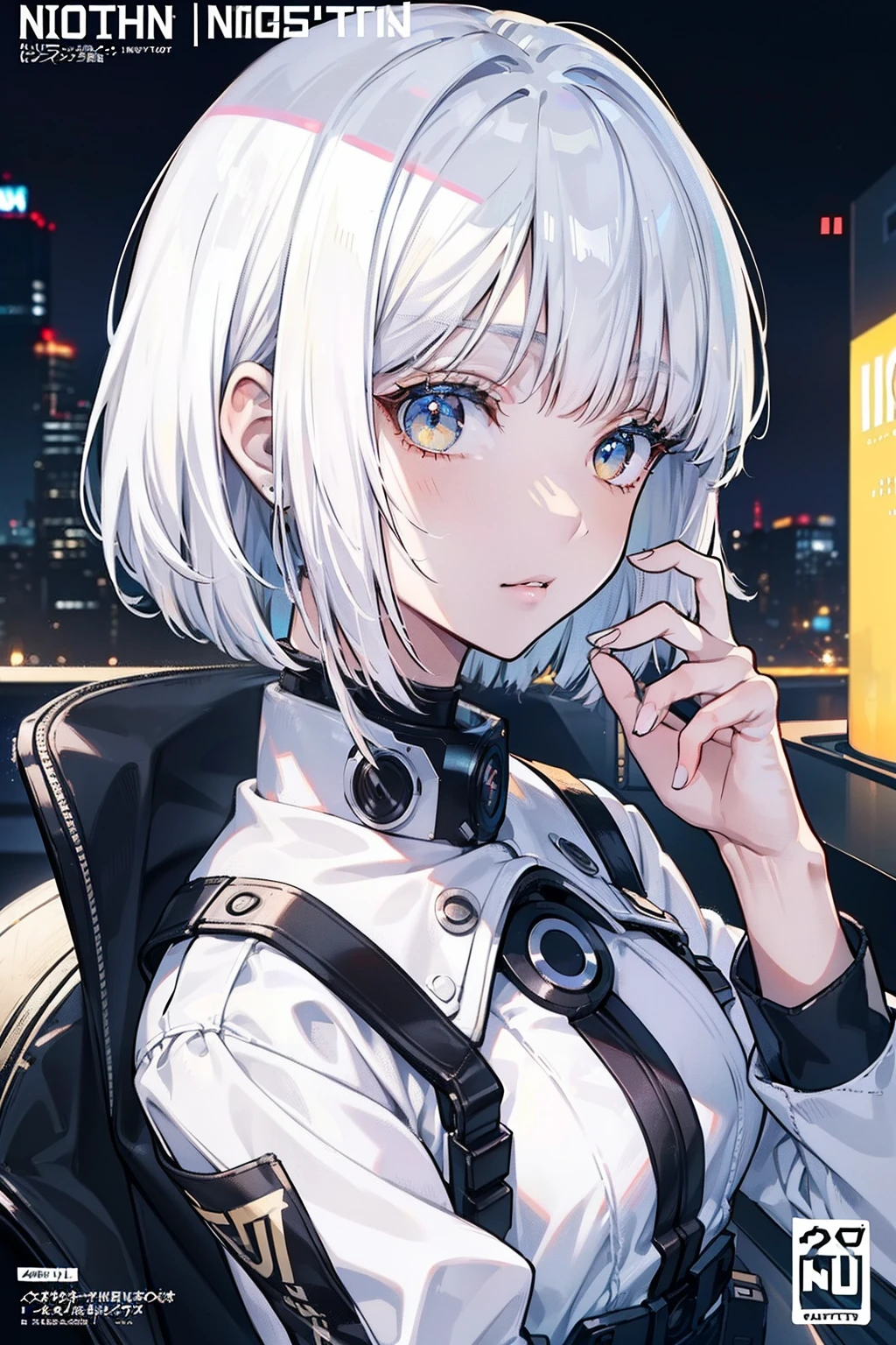 (masuter piece,Best Quality,Ultra-detailed), (A detailed face), Movie Posters, hight resolution, 1girl in, (Lucy), (cyberpunked), white hair, (White hair with bangs), (bob cuts), Two-tone hair, Gold Eye, white clothes, (Beautiful Detail Eye: 1.1), (Detailed hand), (Detail light: 1.1), Film Light, light skinned, (looking at the viewers), (magazine:1.3), (cover-style:1.3), Fashionable