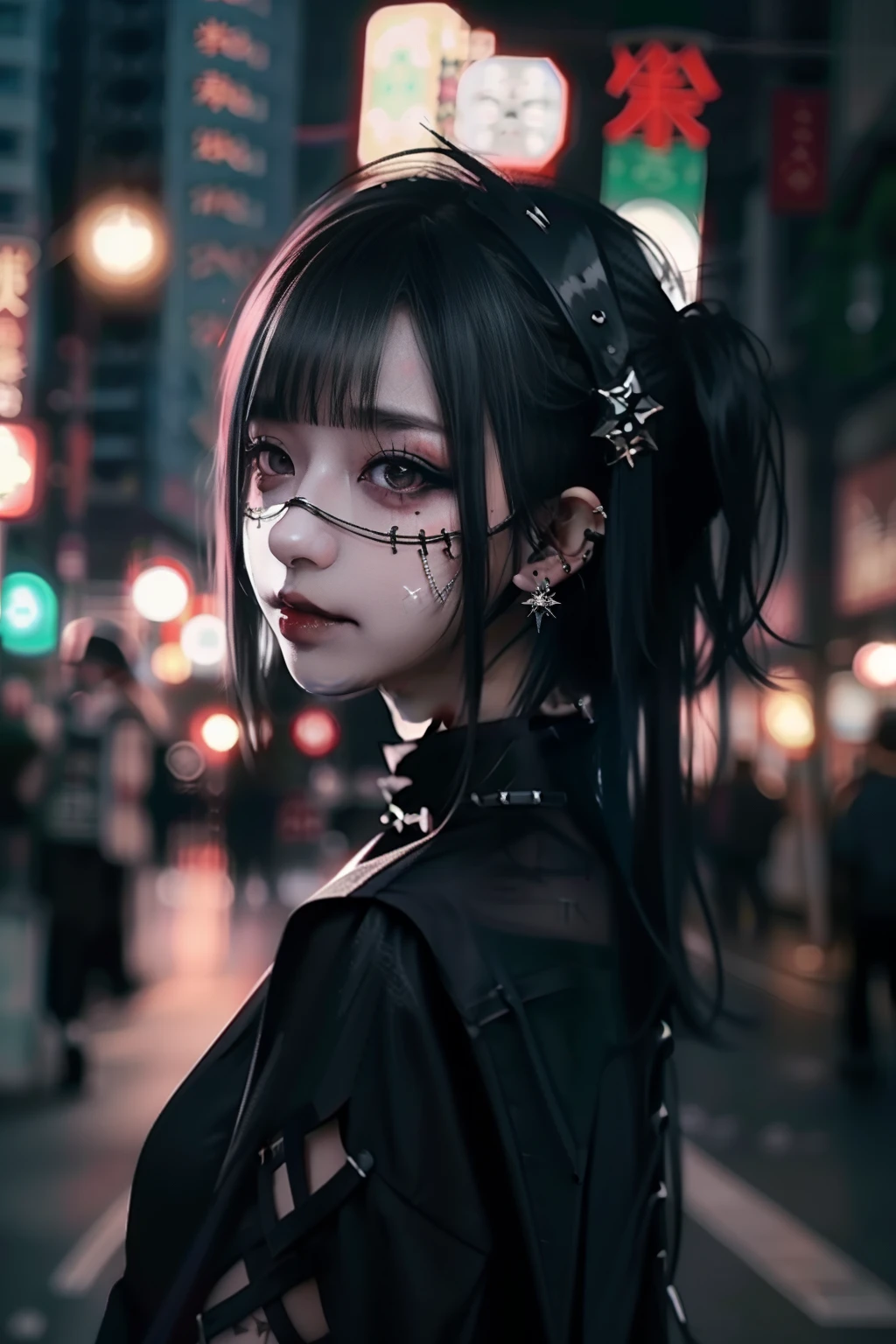 Black and red mesh hair、goth_punk, 1girl in, 独奏, medium shot, Walking in Harajuku, ((during night)), bokeh dof, Neon light, Iridescent eyes, starrysky, White shiny hair, White eyebrows, Radiant hair, (iridescent white hair), 耳Nipple Ring, bangss, jewely, masks, bluntbangs, verd s eyes, Mouth mask, blurry backround, bblurry, hair adornments, Look at viewers, shorth hair, portraitures, side locks