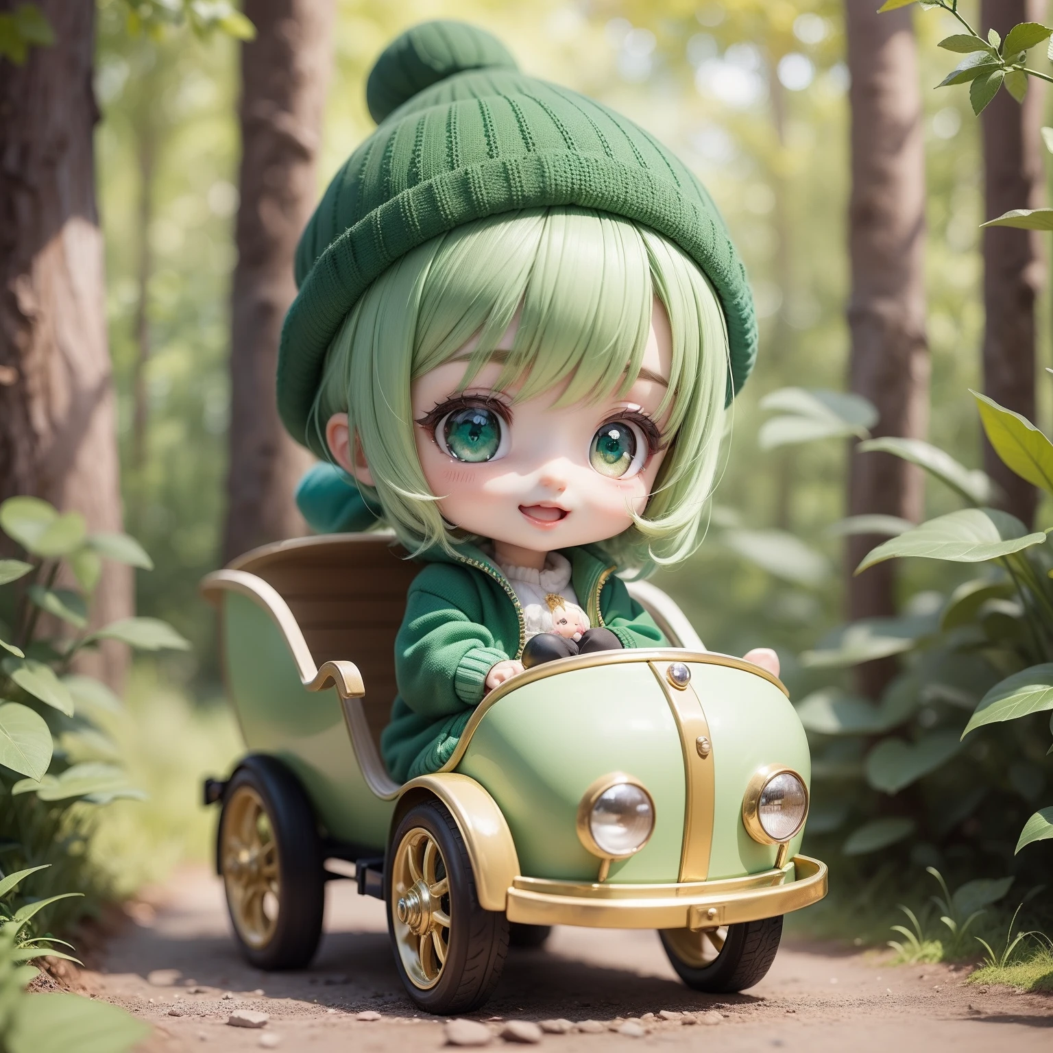 Cute Baby Chibi Anime,(((Super masterpiece、top-quality、ultra-detailliert、1 girl in、Chibi：1.5)))、Green eyes and green long bomber hair、Green knitted hat、Pale green costume with luxurious decoration、outside of house、Smile with open mouth、a small face、Looking at the camera、A detailed face、highdetailskin、Forest in fairytale land、Green carriage（Chibi：1.4）