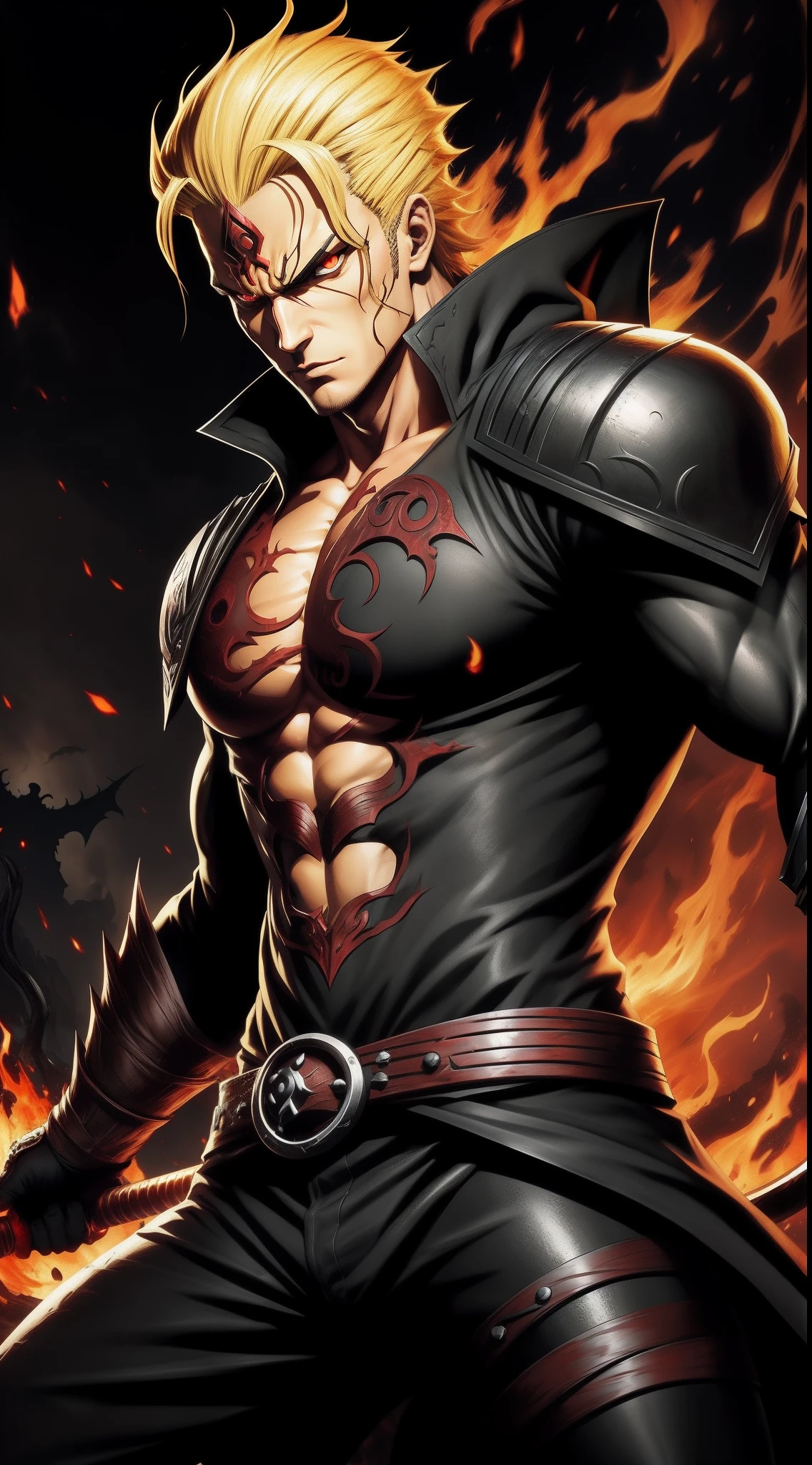 Zoro handsome face blond hair, black fire reflective body, red eyes, solo, alduin, darksiders style, darksiders art style, crazy guts, red sharp eyes, black ancalagon.
