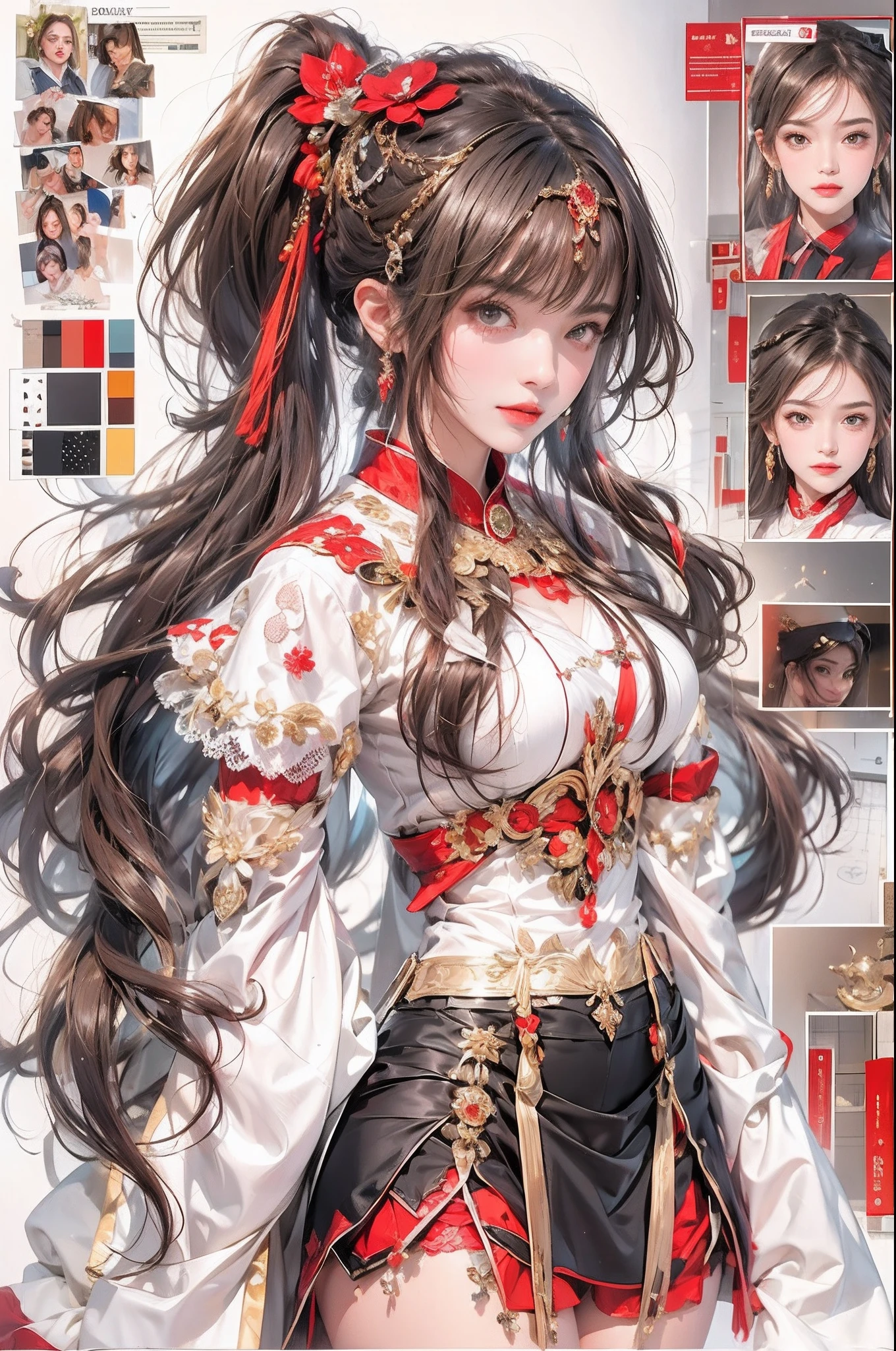 ((Masterpiece, Highest quality)), Detailed face, CharacterDesignSheet，full bodyesbian, Full of details, Multiple poses and expressions, Highly detailed, Depth, Many parts，beuaty girl，cinmatic lighting，with light glowing，Red and gold，Phoenix decoration，light yarn，Lace，lacepantyhose，high-heels