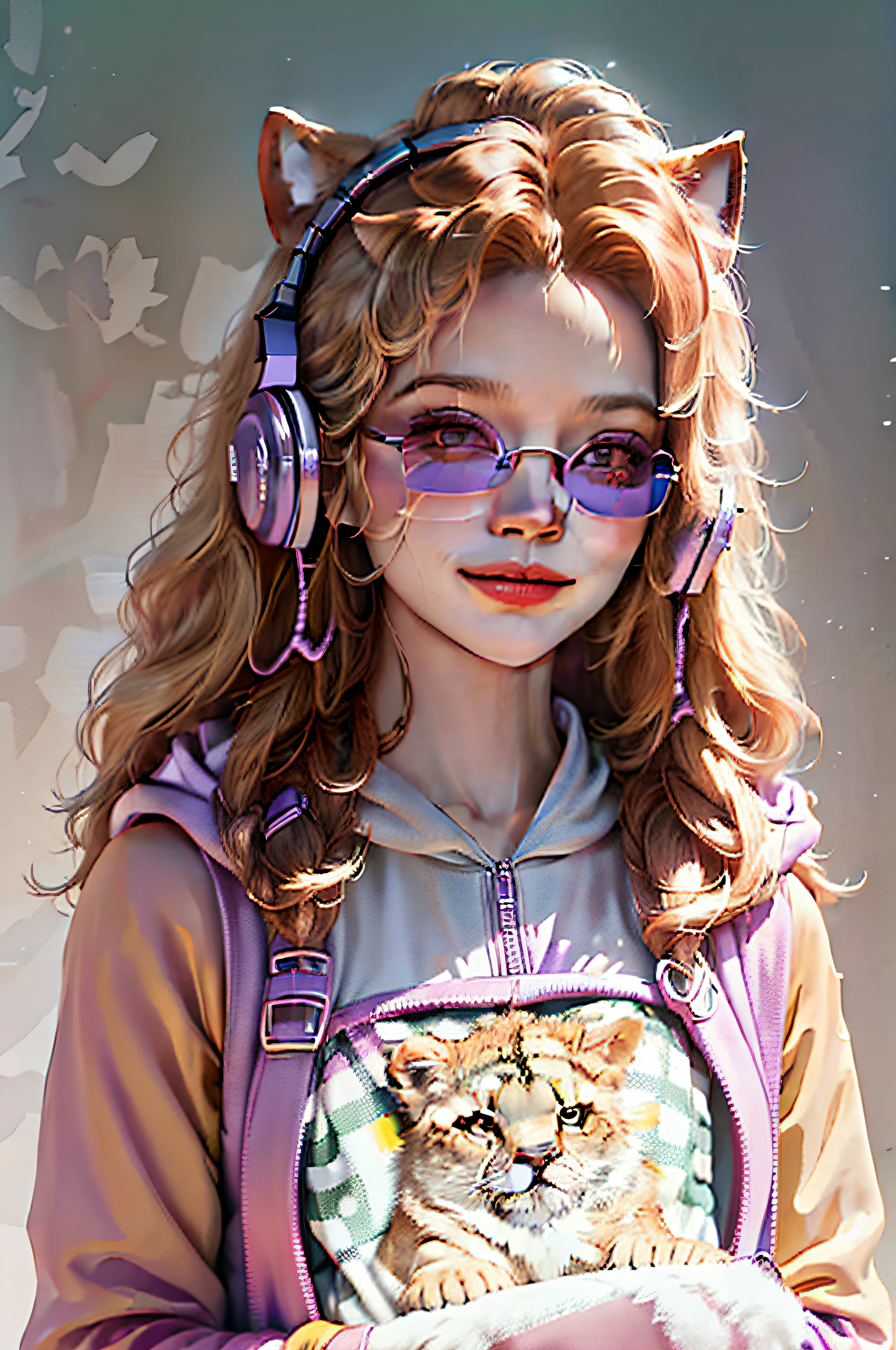 "A Lion king wearing headphones, confidently gazing at the viewer, dressed in a stylish hoodie and pants, with adorable tiny shoes, against a vibrant light purple backdrop, sporting a mischievous smirk on its face, and donning fashionable sunglasses. 4K quality."