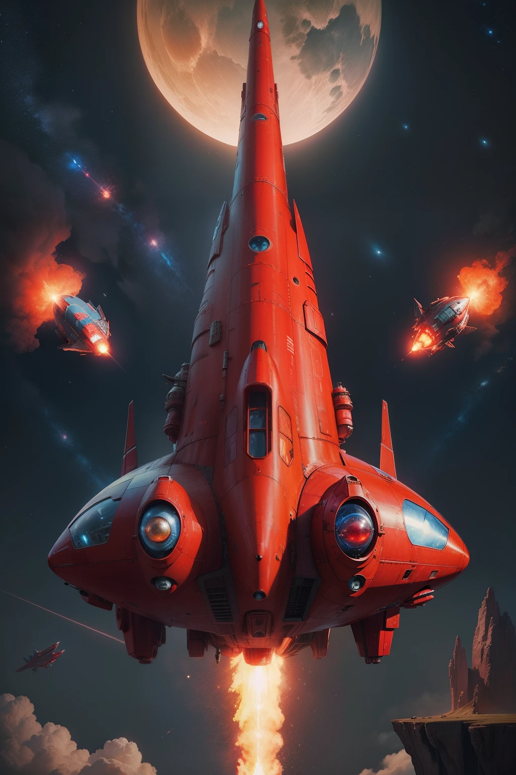 Red rocket ship,Blue fire emerges, Fantasy spaceship, legendary space ship, space ship, Spaceship, spaceship design, space ship gribble, small starship near, Flying spaceship, alien spaceship, spaceship in background, spaceship in background, duck shaped spaceship, spaceship flies in the distance, shmup, Scary spaceship