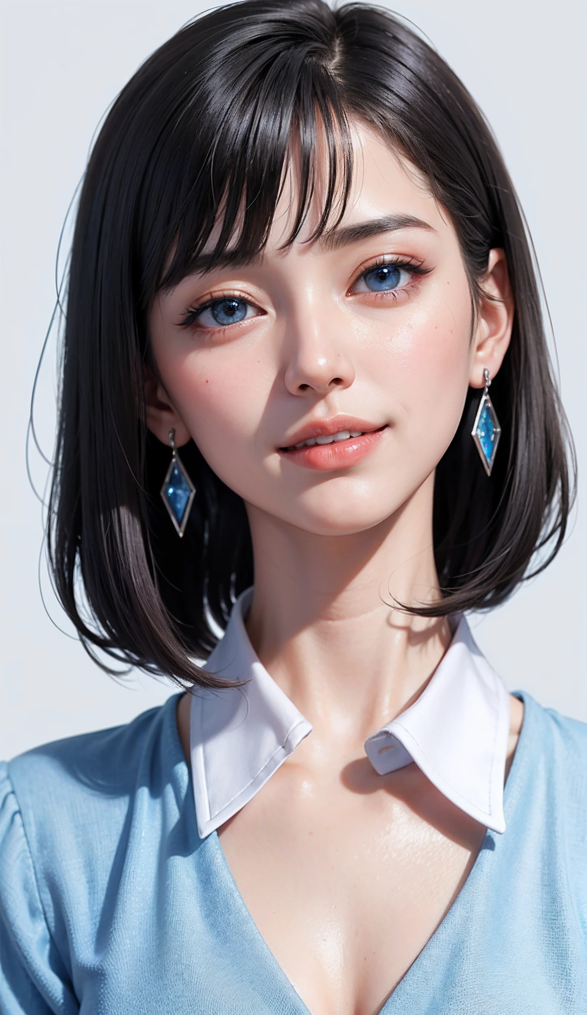 (high-level image quality、high-detail、hightquality、hight resolution、Draw everything in high resolution)、Intense crystal light blue eyes、Small diamond-shaped earrings、Look firmly at the camera、Put your ears out、Beautiful short black hair、Beautiful very short beautiful hair with bangs、beautiful decollete、Beautiful 28 years old、lipgloss、long neck、Happy smile、Beautiful teeth alignment、Beautie、Pretty Woman、Very white business shirt with open collar