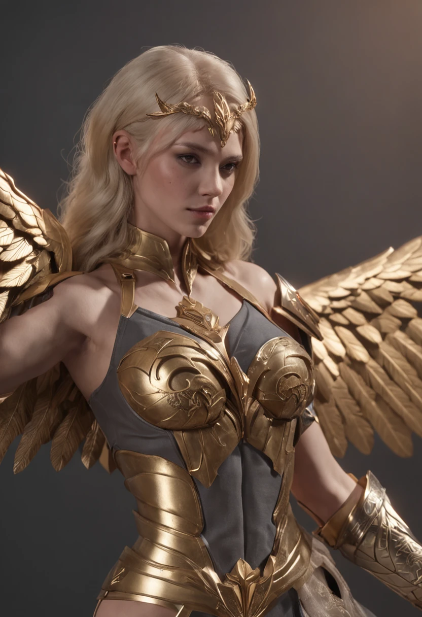 a highly detailed golden armor covering the entire body, divine armor, refined armor, best quality, 8k, highres, masterpiece, ultra-detailed, photorealistic, physically-based rendering, extreme detail description, professional, vivid colors, studio lighting, golden helmet with wings, big breasts, big ass, blue eyes, tight armor,