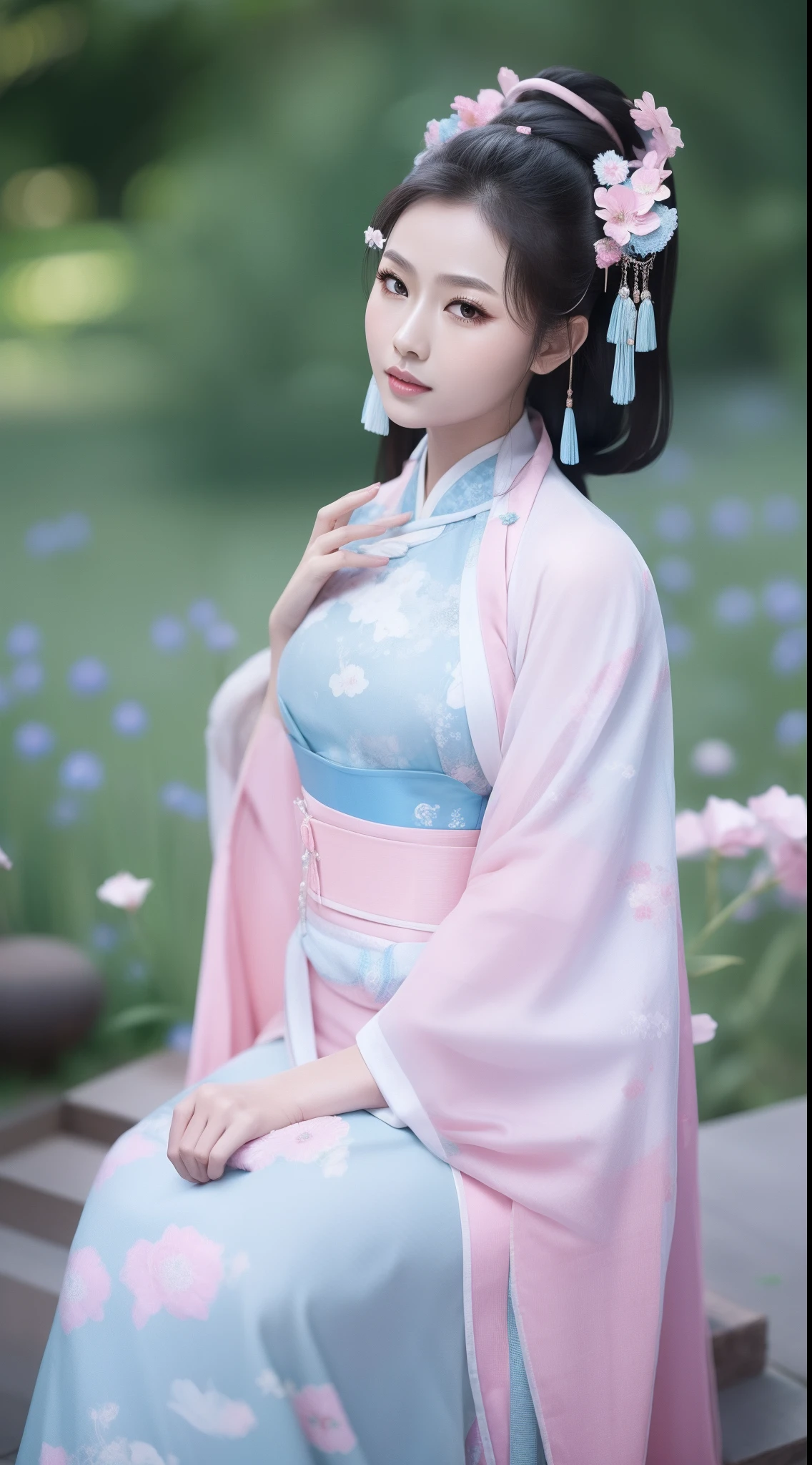 Ancient Chinese clothing，white apparel，The costume is a pink floral pattern，ancient china art style，Fashion model 18 years old [[[[closeup cleavage]]]], [[[[boobgasm]]]], [[[[coll]]]], [[[[bshoulders]]]], perfect  eyes, Perfect iris，Perfect lips，perfect teeth，Perfect skin，with fair skin，Soft front light，hdr，Movie girl，long whitr hair，The expression was melancholy，The background is outdoors，Light blue flowers，4K Ultra HD, 超高分辨率, (Photorealistic: 1.4), Best quality，Masterpiece，Utra dilution，（pastel colour：1.2）