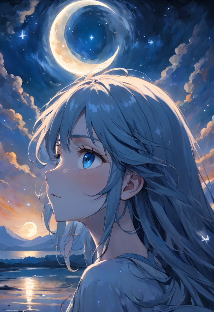 Un retrato pintado digitalmente de una persona con los ojos cerrados, Cabeza inclinada hacia una luna llena brillante. La luz de la luna proyecta un tranquilo tono azul sobre el rostro sereno de la persona., highlighting his expression of inner stillness and Zen. Las estrellas brillan suavemente en el cielo nocturno de fondo. El paisaje alrededor es tranquilo, with a lake reflecting moonlight near where the person sits peacefully in a lotus pose. Sus manos descansan sobre sus rodillas, Face that portrays a deep sense of meditation and calm. The overall mood of the picture is relaxing, luminoso y centrado, Al igual que la paz interior que el sujeto siente en su interior irradia hacia afuera bajo la luz meditativa de la luna.. Style is atmospheric, Elegante y relajante.CREATE A REALISTIC IMAGE OF A WEREWOLF OR LOBIZON