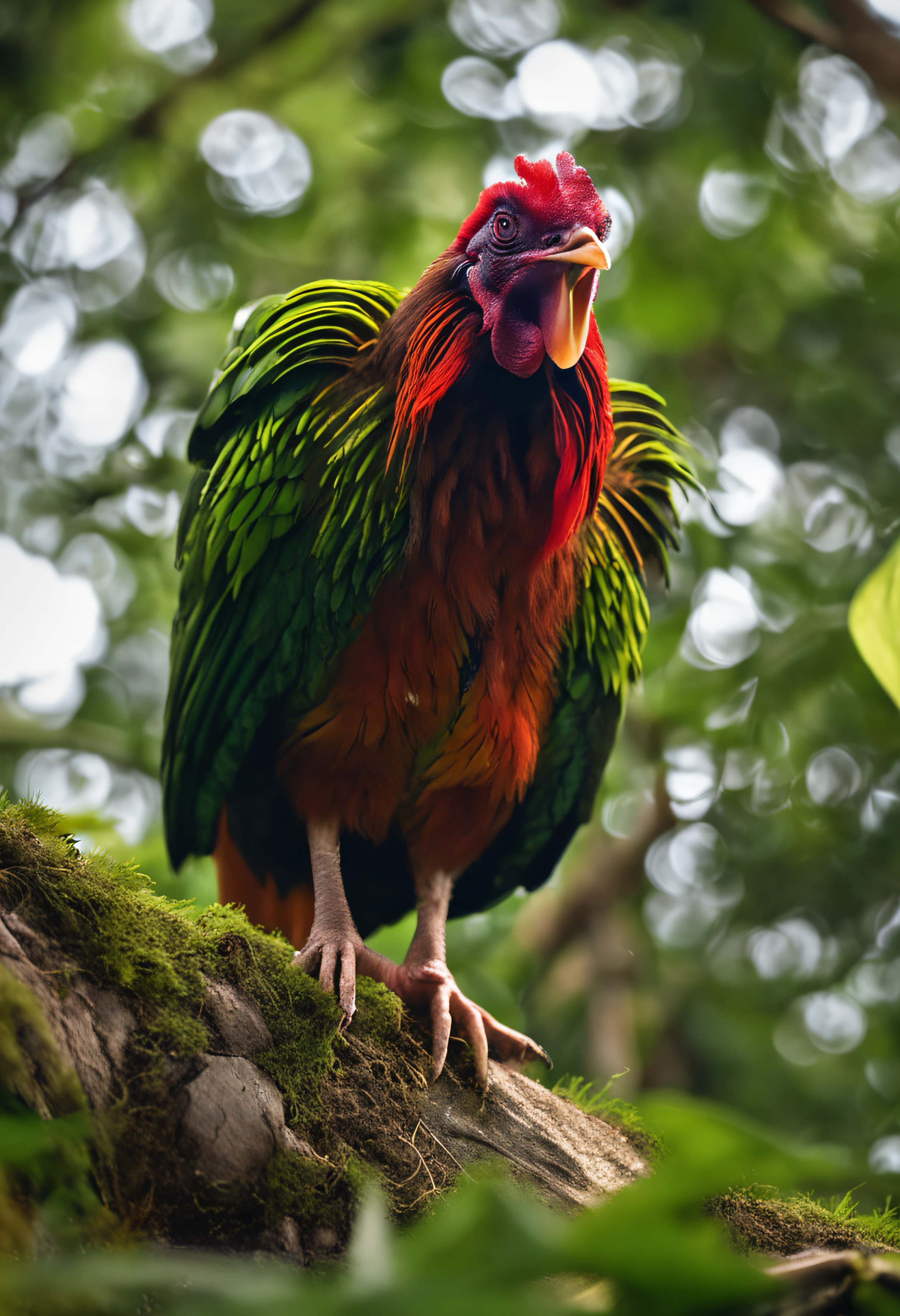 High nation-geographic symmetrical close-up portrait shoot in green jungle of an expressive RED JUNGLEFOWL , anamorphic lens, ultra-realistic, hyper-detailed, green-core, jungle-core –ar 16:9 –q 2 –v 5