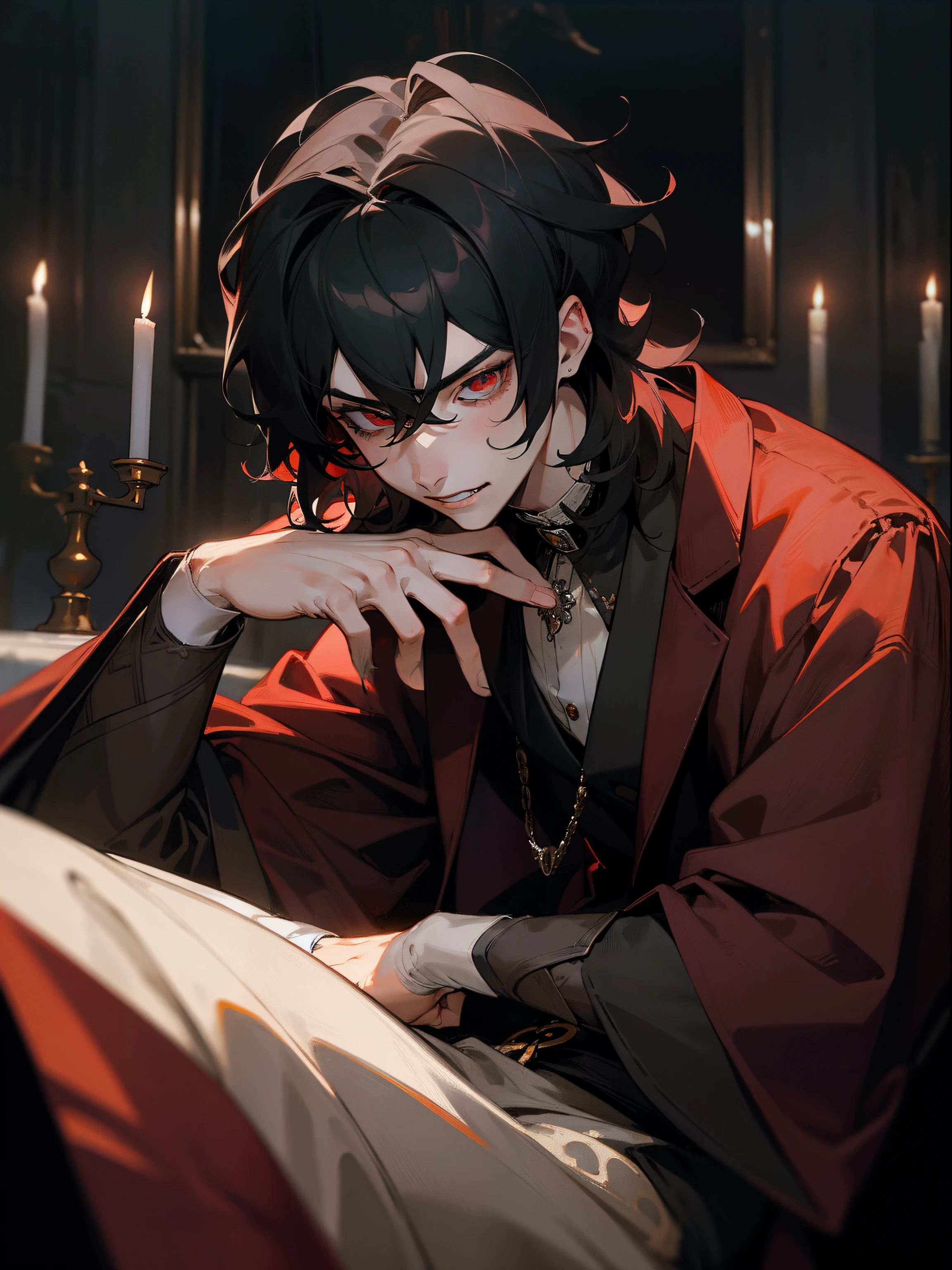 masterpiece, best quality, male character, black hair hair, red eyes, mullet, wavy hair, short hair, vampire, fangs, religious imagery, rosary, stylized character design, high quality character design, detailed character design, great character design, male, highly detailed outfit, hot, seme, sakuma rei, antique, garter belts, frontage, lateral face, lovely boy, perfect face, detailed eyes, elegant, muscular, handsome man, dark, facing camera, bloody, gothic, vampirism, pierced ears, elegant, handsome, historic, dark background, dark room, candid, neutral face, very dark background, indoors, nighttime, relaxed, peaceful, midnight, posing, prayer, beautiful, happy, kind, gentle
