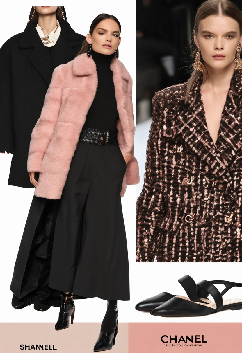 Black and brown combination，Classic vintage chanel ultra-short coat，Pair it with a beige top and a maxi pink beige sequin dress，Inspired by the Chanel show