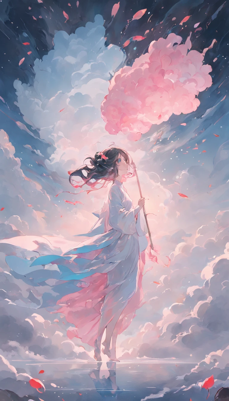 An inky white painting,The painting depicts a lady in a long light blue dress,There is a huge pink goldfish in the clouds, Made of fog, Dark white and pink, Clear face,Clear eyes,In the style of Li Shuxing, shilin huang, Talented people, Ethereal form, gigantic scale, Elegant and balanced, Doubleexposure, Cloud effects:1.5,elevation,Faraway view,super detailing,best qualtiy,tmasterpiece,8K,Extremely detailed,Epic artwork